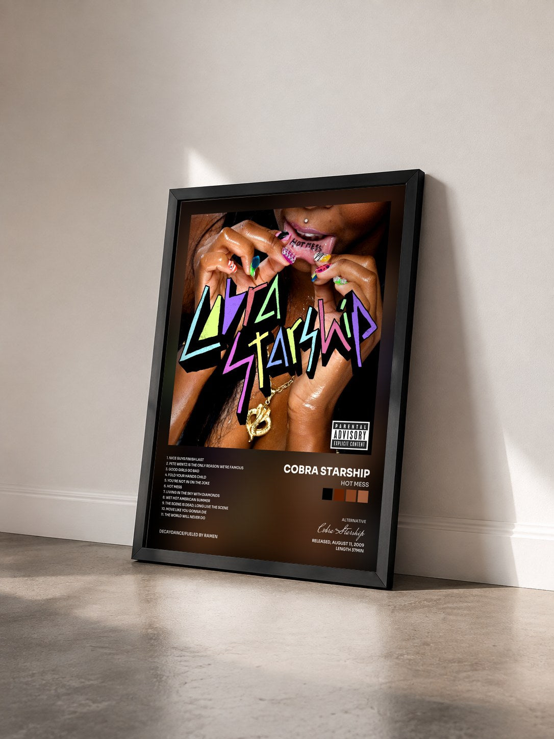 #noir Tableau de l'album Hot Mess de Cobra Starship vu de trois quarts, cadre noir