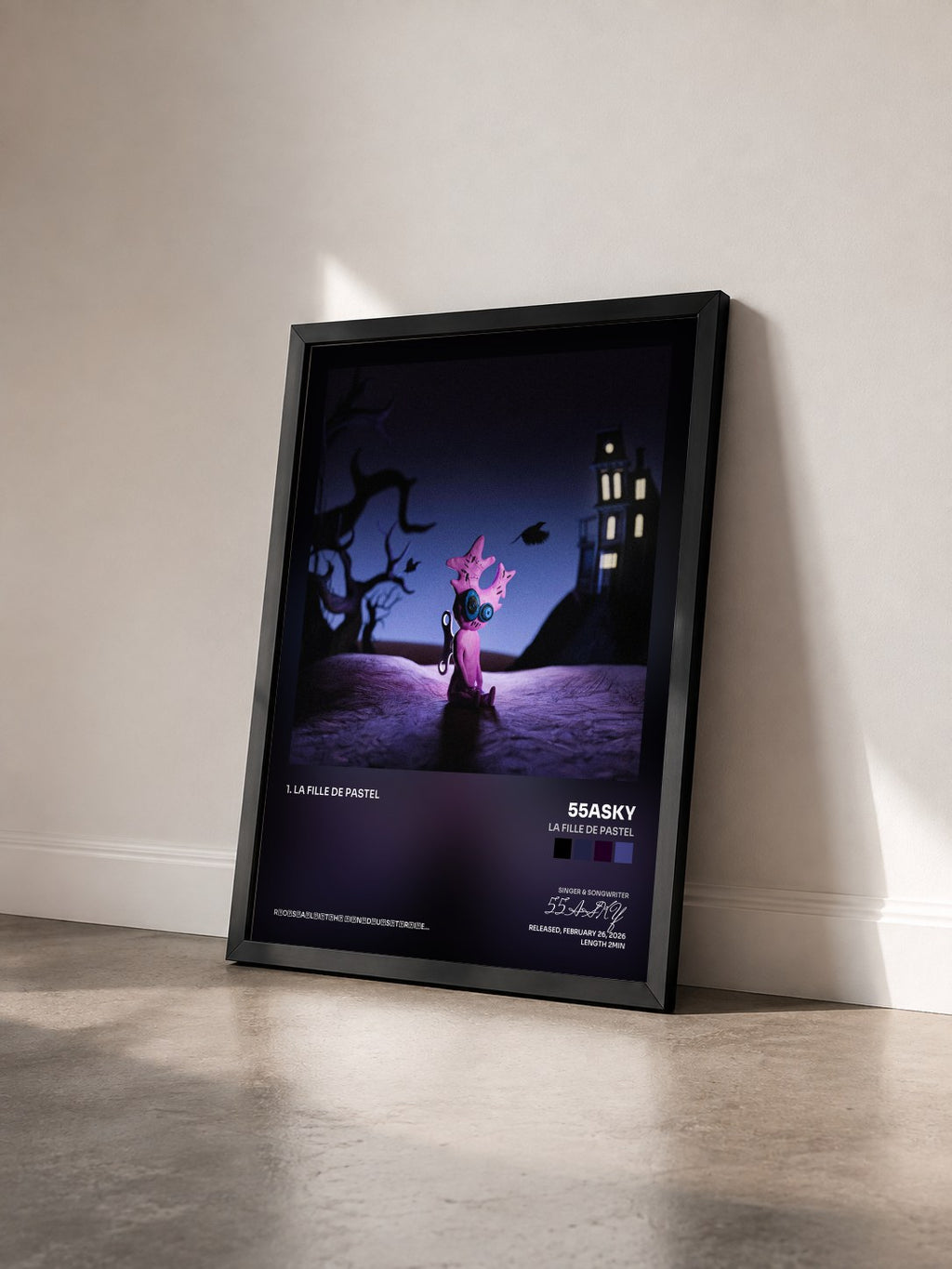 #noir Tableau de l'album La fille de Pastel de 55ASKY vu de trois quarts, cadre noir
