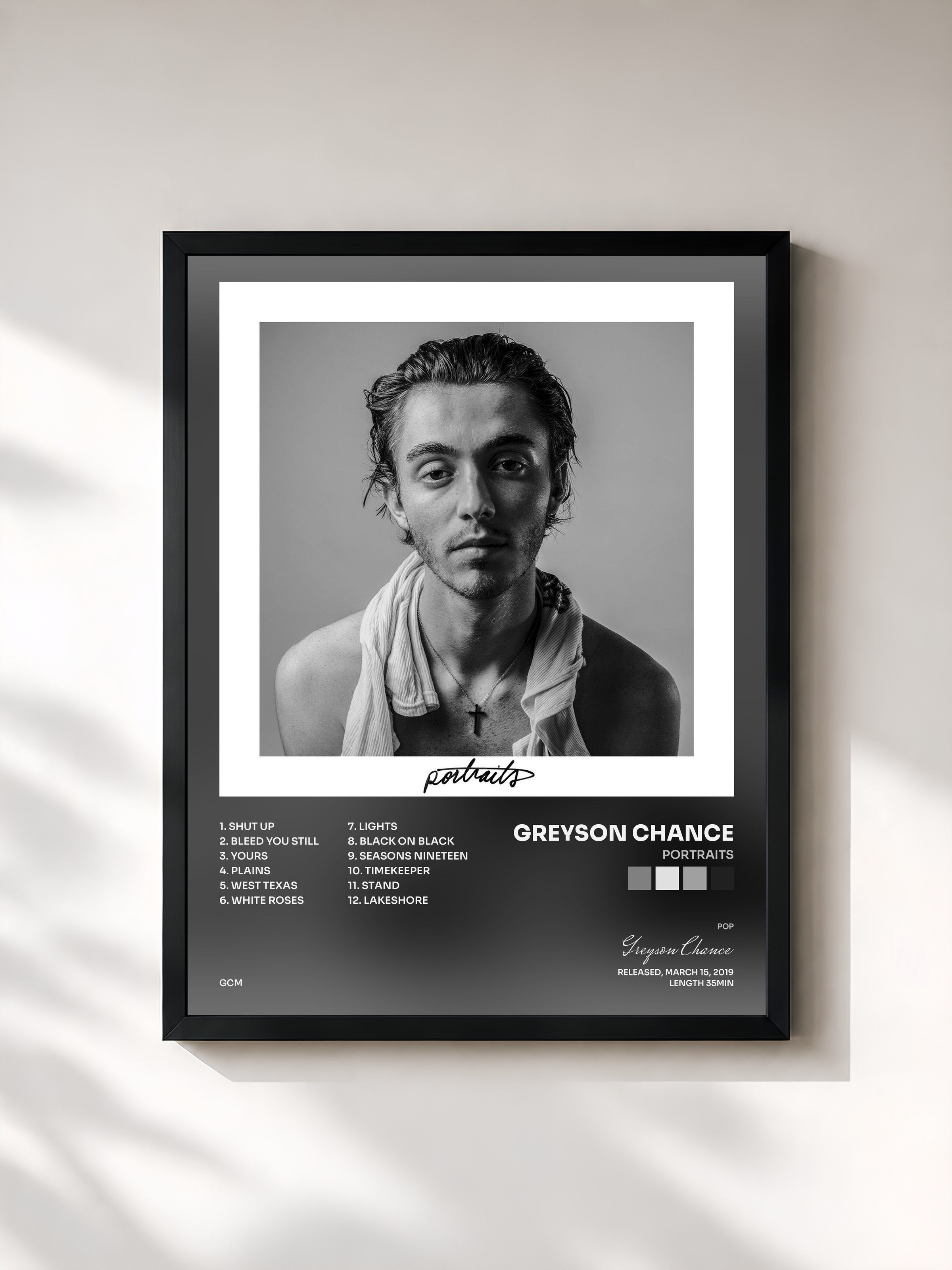 #noir Tableau de l'album portraits de Greyson Chance, cadre noir, imprimé et encadré en France