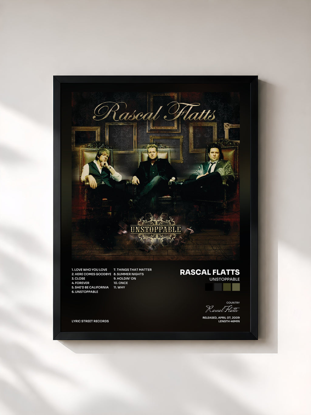 #noir Tableau de l'album Unstoppable de Rascal Flatts, cadre noir, imprimé et encadré en France