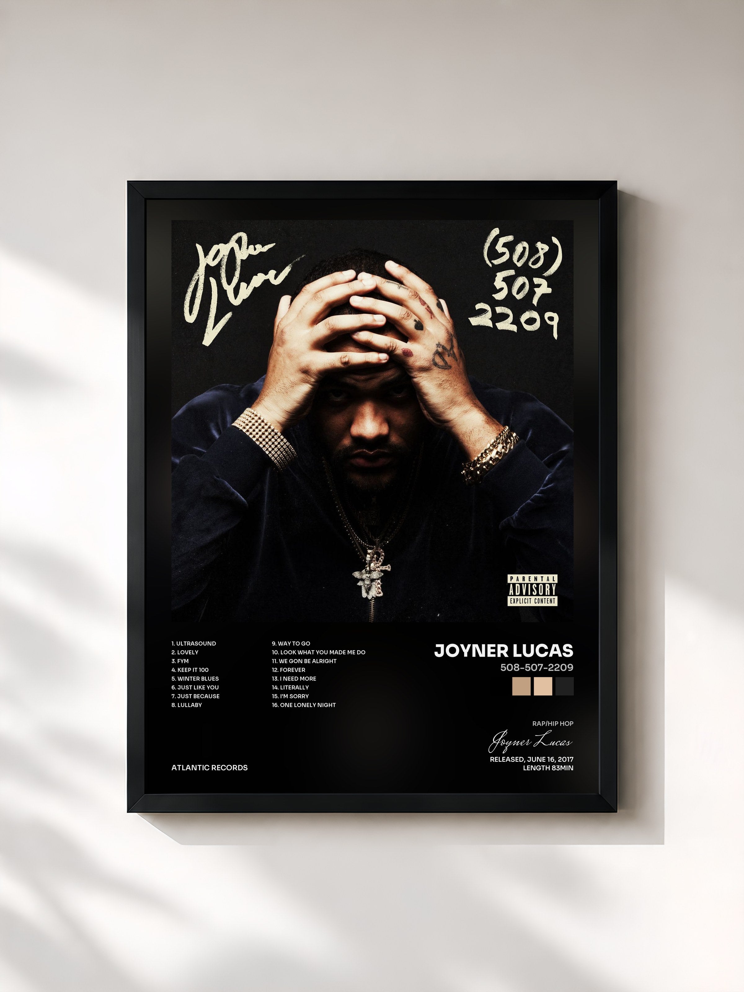 #noir Tableau de l'album 508-507-2209 de Joyner Lucas, cadre noir, imprimé et encadré en France