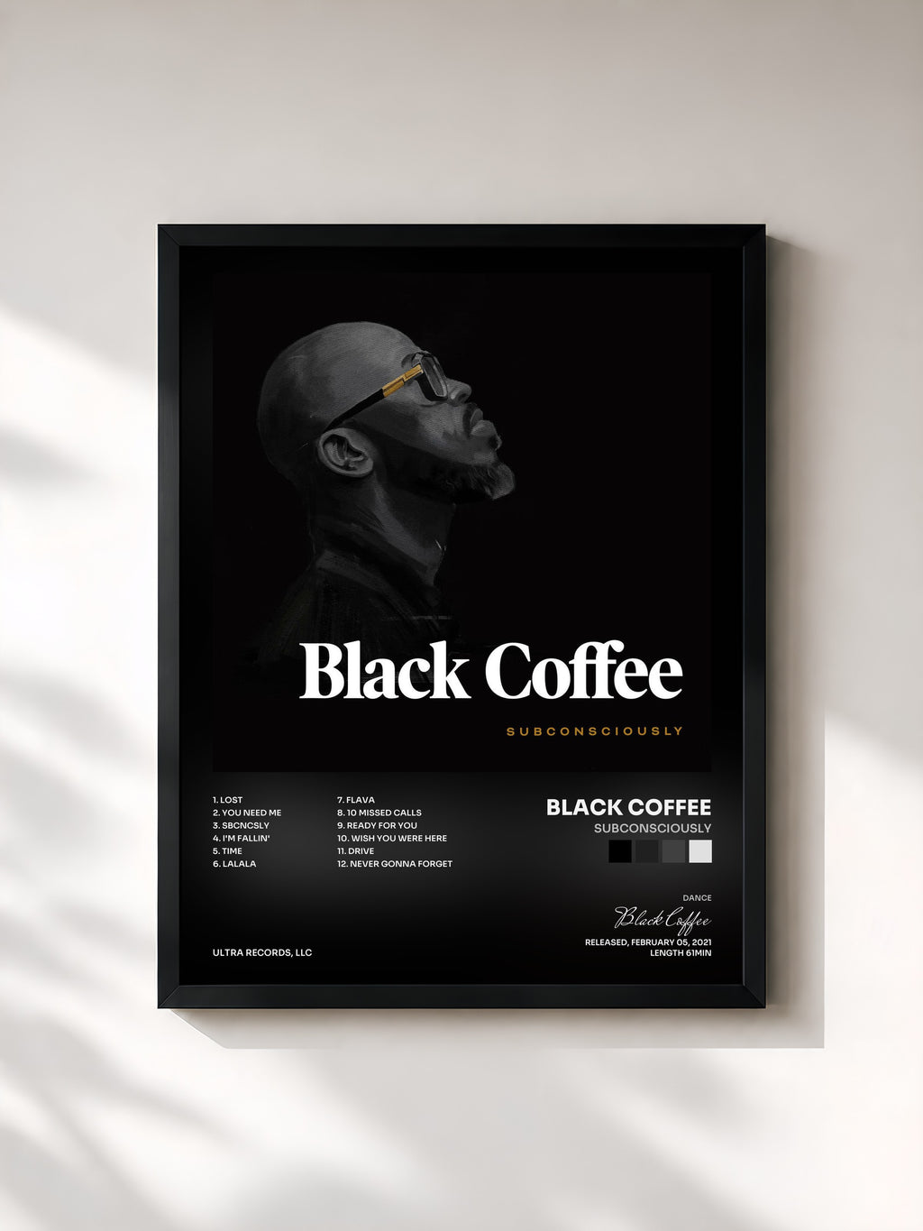 #noir Tableau de l'album Subconsciously de Black Coffee, cadre noir, imprimé et encadré en France