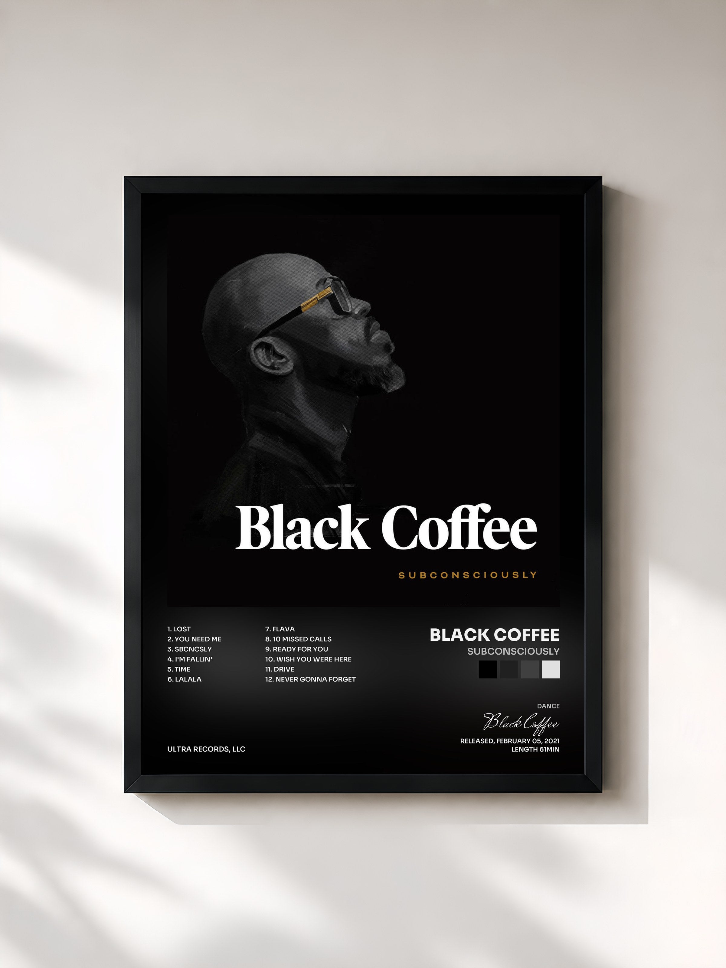 #noir Tableau de l'album Subconsciously de Black Coffee, cadre noir, imprimé et encadré en France