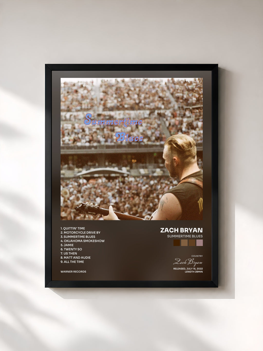 #noir Tableau de l'album Summertime Blues de Zach Bryan, cadre noir, imprimé et encadré en France
