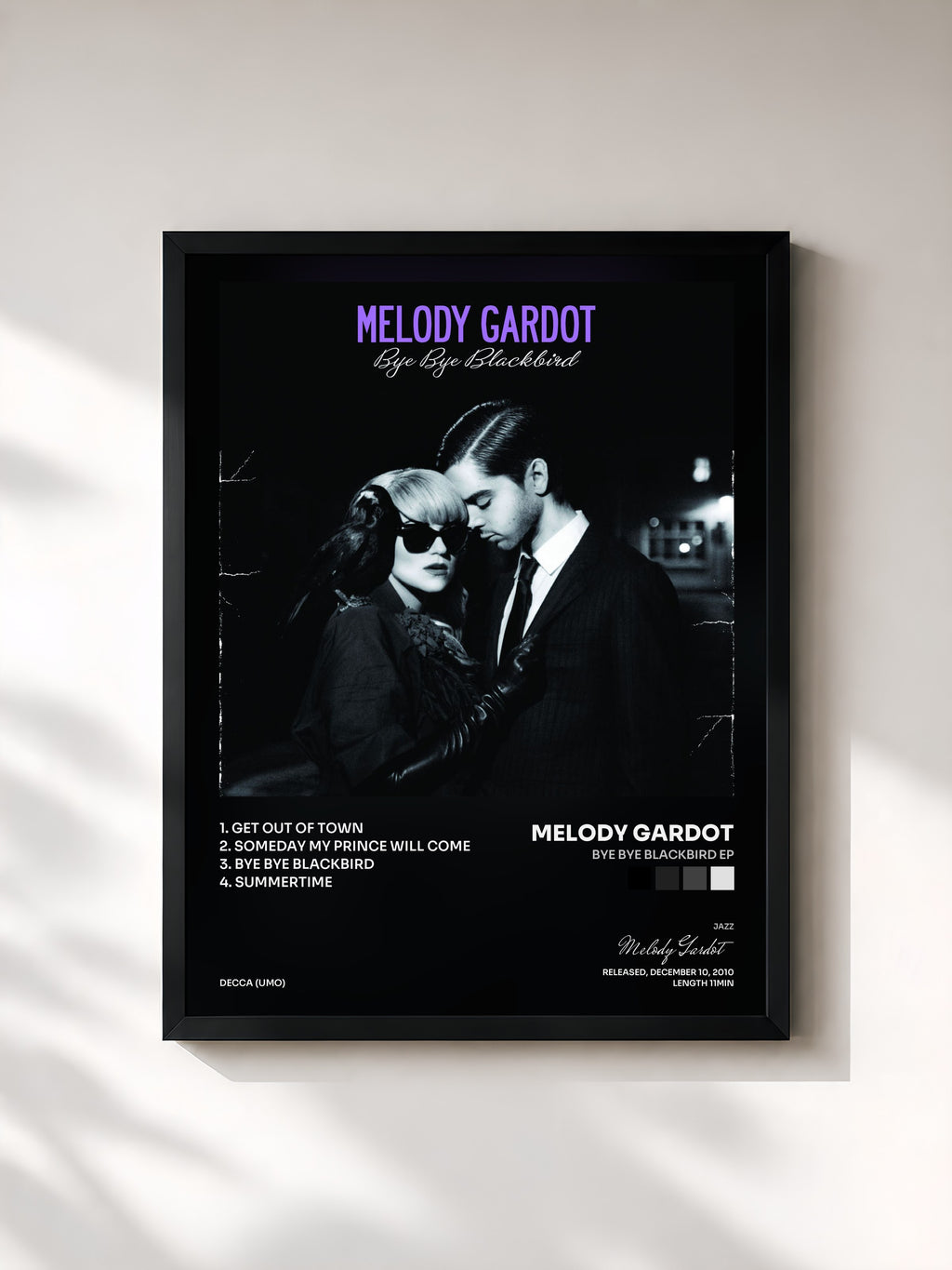 #noir Tableau de l'album Bye Bye Blackbird EP de Melody Gardot, cadre noir, imprimé et encadré en France