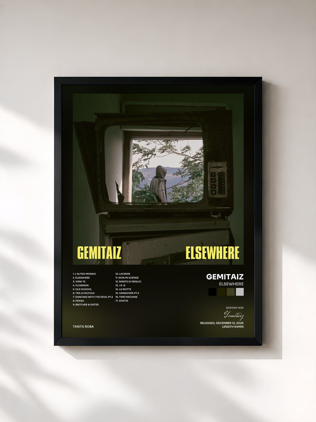 #noir Tableau de l'album ELSEWHERE de Gemitaiz, cadre noir, imprimé et encadré en France