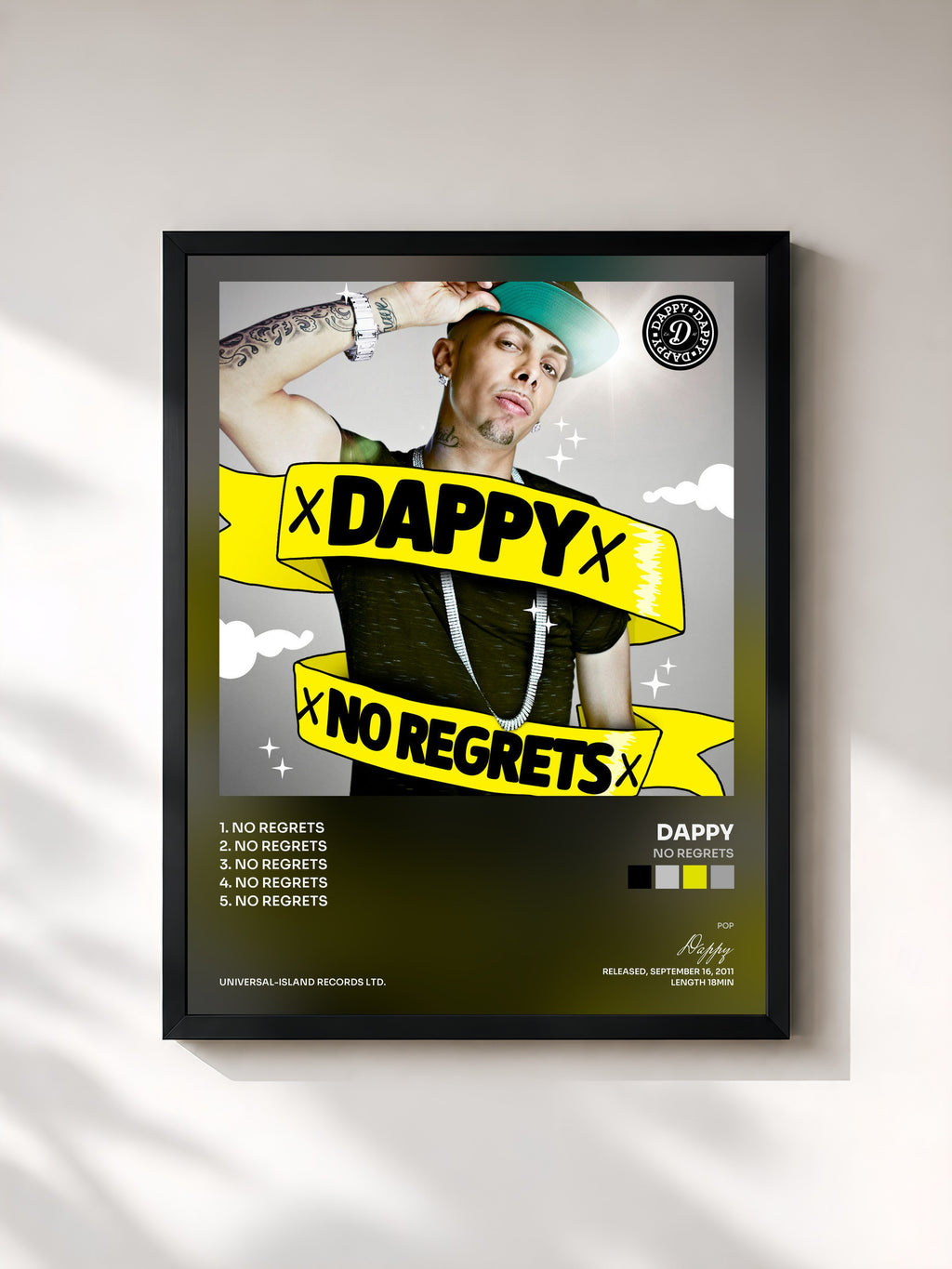 #noir Tableau de l'album No Regrets de Dappy, cadre noir, imprimé et encadré en France