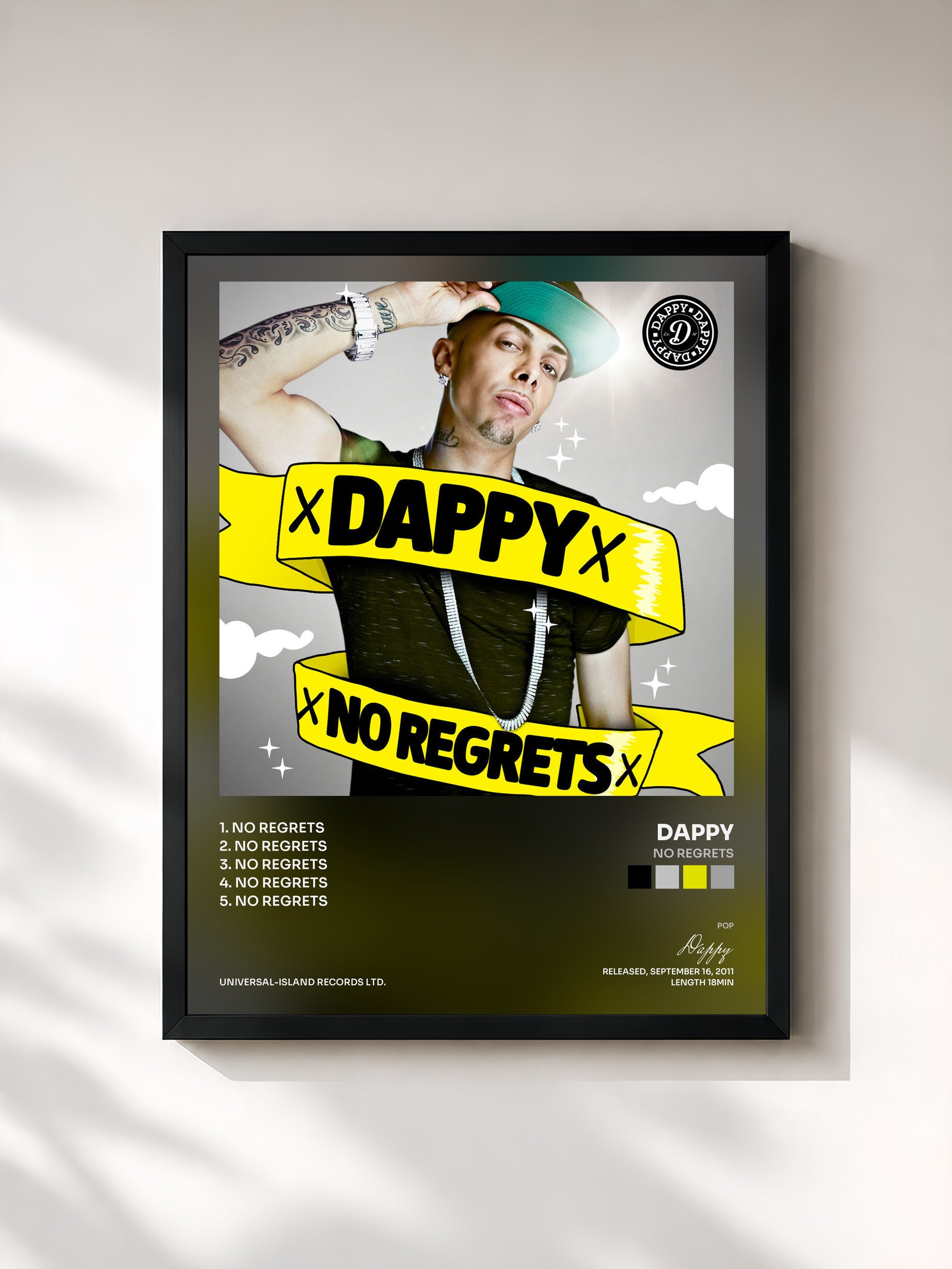 #noir Tableau de l'album No Regrets de Dappy, cadre noir, imprimé et encadré en France