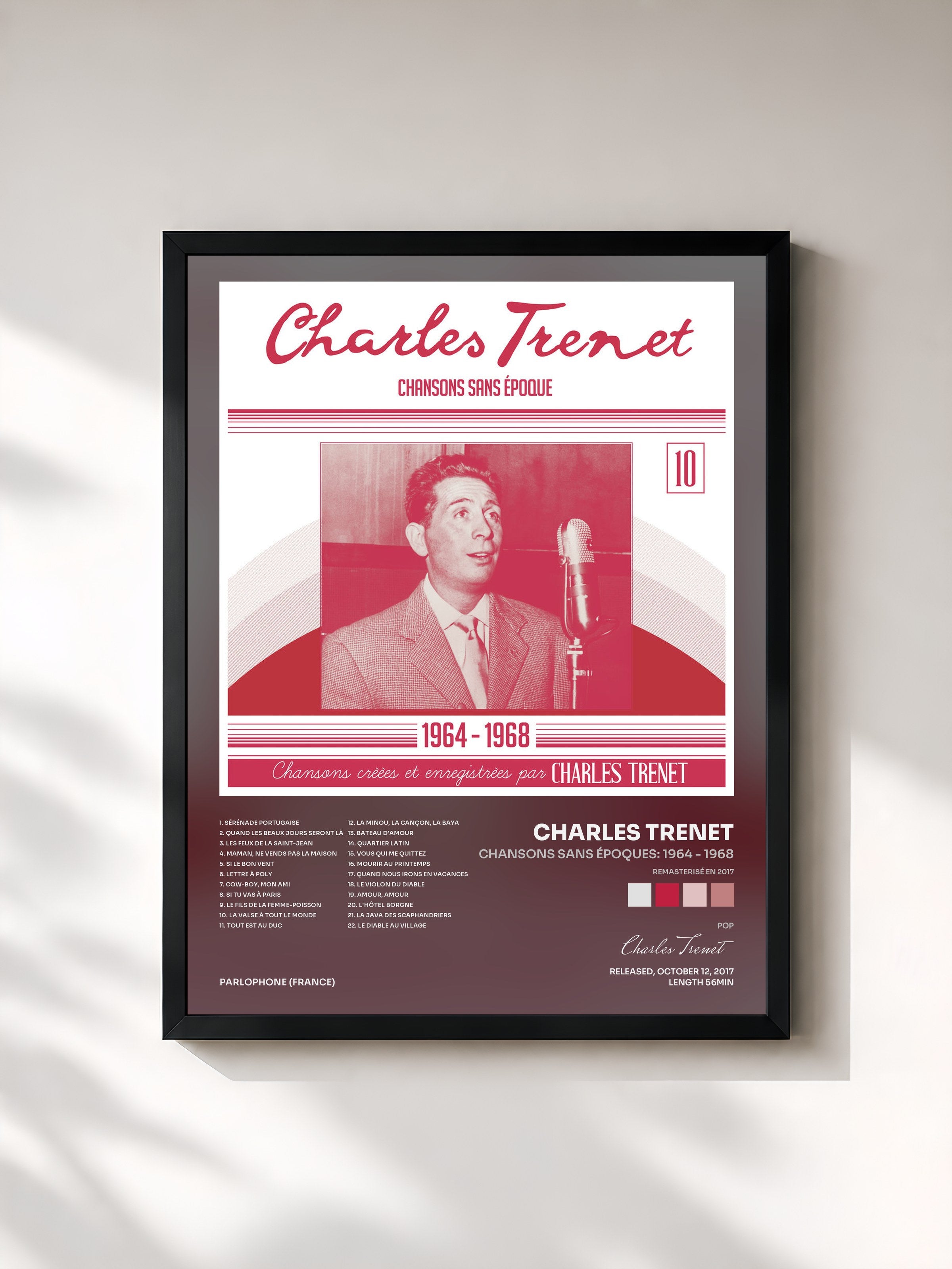 #noir Tableau de l'album Chansons sans époques: 1964 - 1968 (Remasterisé en 2017) de Charles Trenet, cadre noir, imprimé et encadré en France