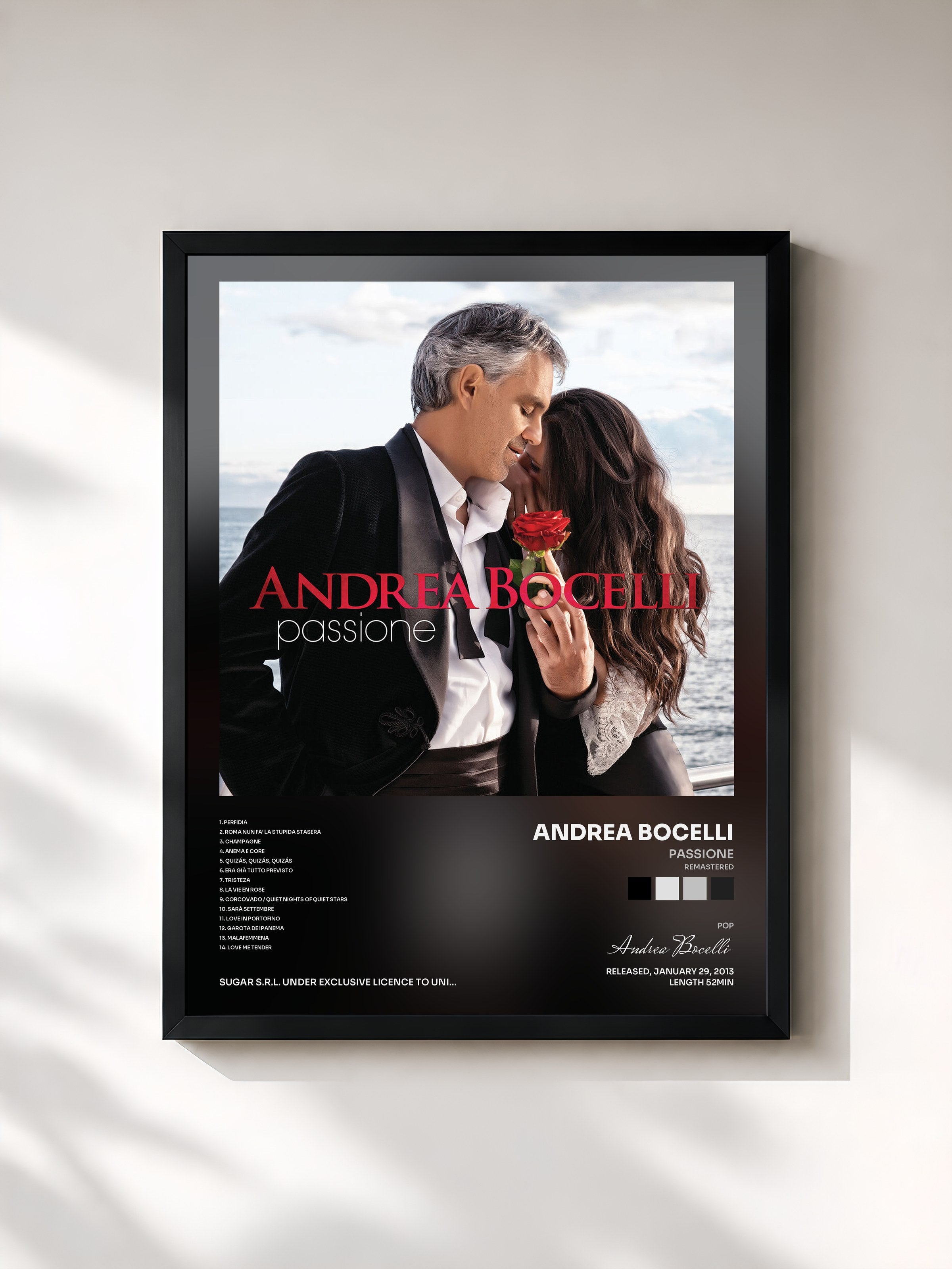 #noir Tableau de l'album Passione (Remastered) de Andrea Bocelli, cadre noir, imprimé et encadré en France