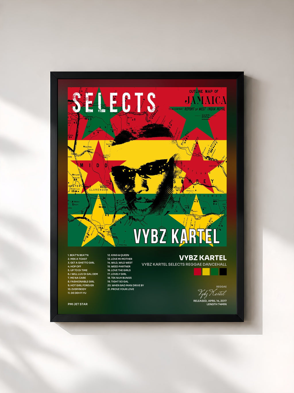 #noir Tableau de l'album Vybz Kartel Selects Reggae Dancehall de Vybz Kartel, cadre noir, imprimé et encadré en France