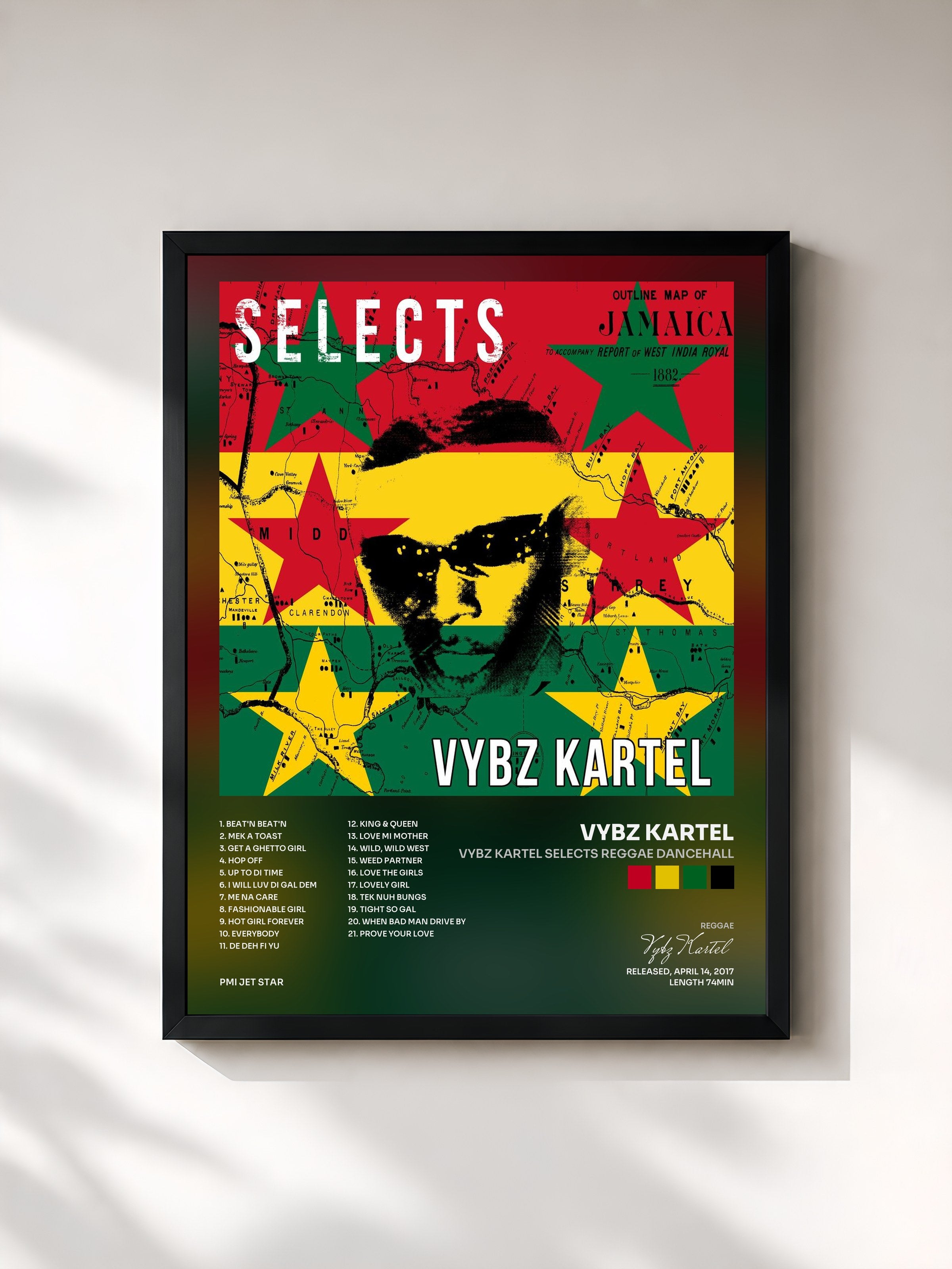 #noir Tableau de l'album Vybz Kartel Selects Reggae Dancehall de Vybz Kartel, cadre noir, imprimé et encadré en France