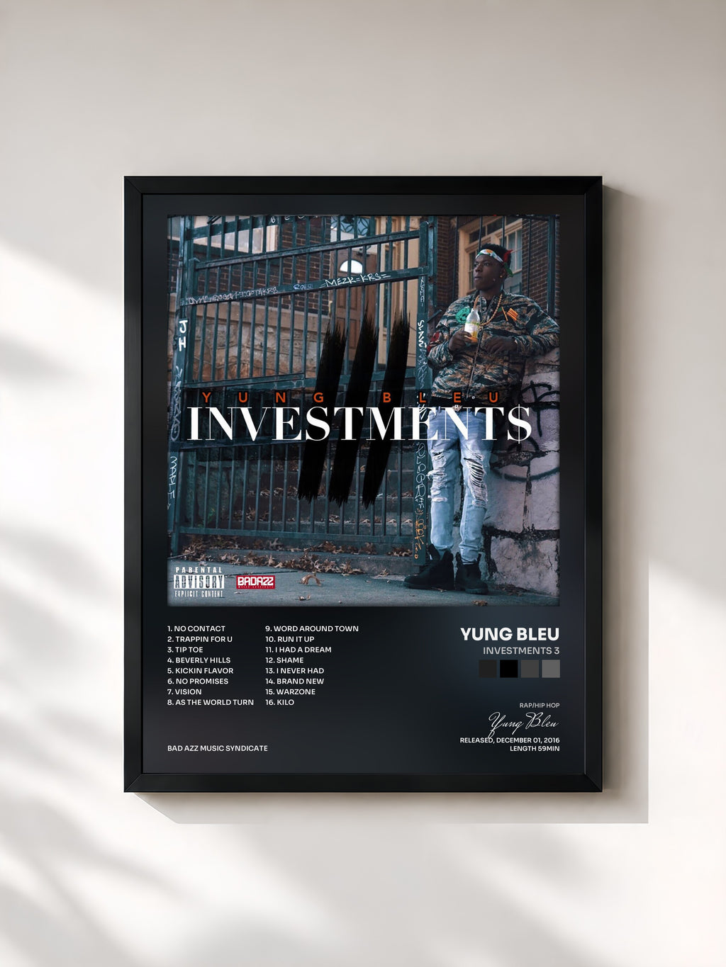 #noir Tableau de l'album Investments 3 de Yung Bleu, cadre noir, imprimé et encadré en France
