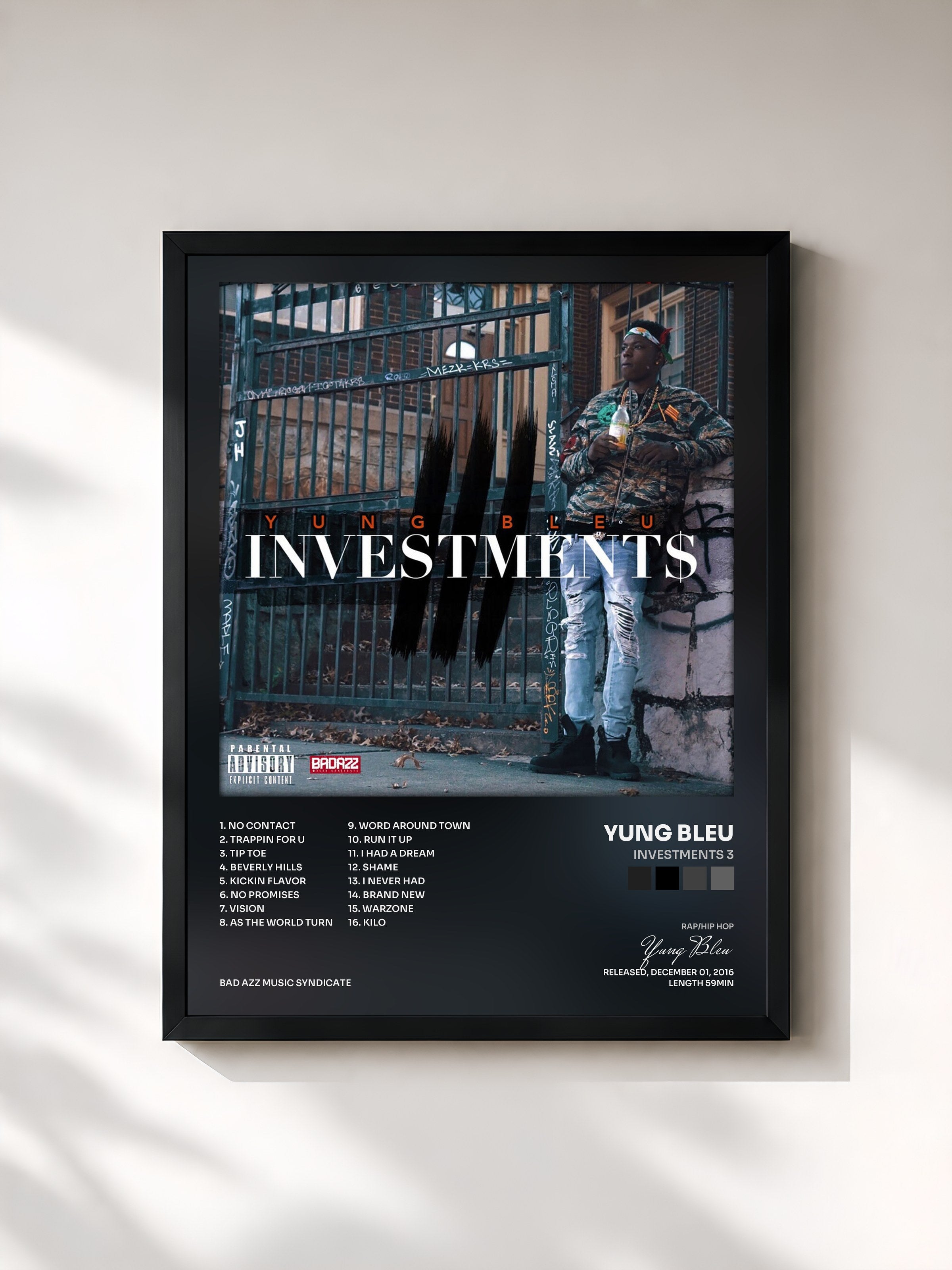 #noir Tableau de l'album Investments 3 de Yung Bleu, cadre noir, imprimé et encadré en France