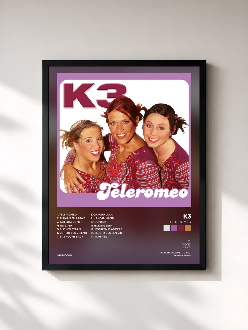 #noir Tableau de l'album Tele-Romeo de K3, cadre noir, imprimé et encadré en France