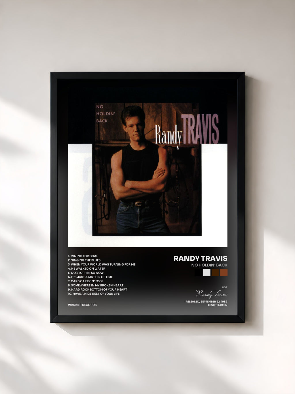 #noir Tableau de l'album No Holdin' Back de Randy Travis, cadre noir, imprimé et encadré en France