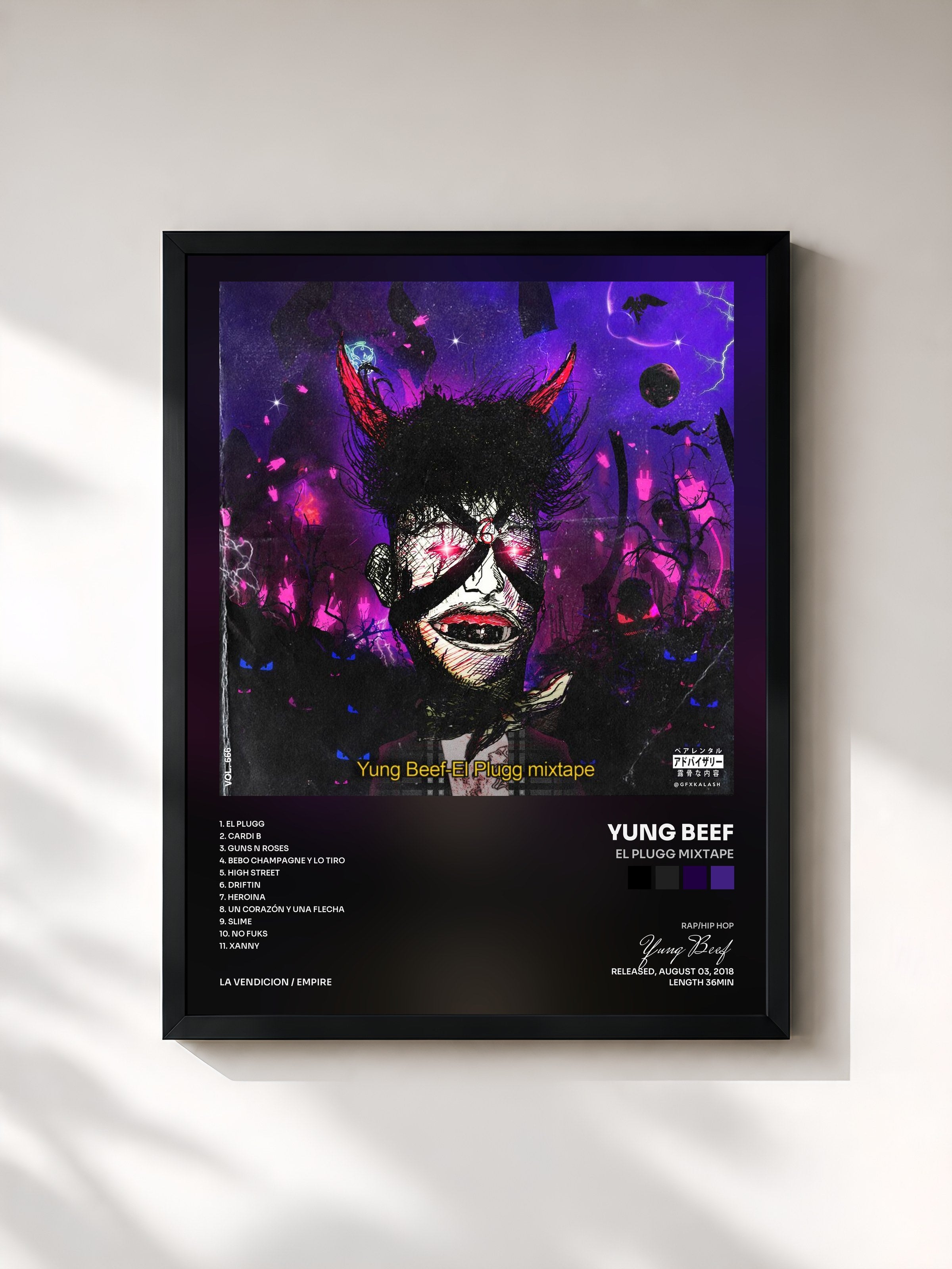 #noir Tableau de l'album El Plugg Mixtape de Yung Beef, cadre noir, imprimé et encadré en France
