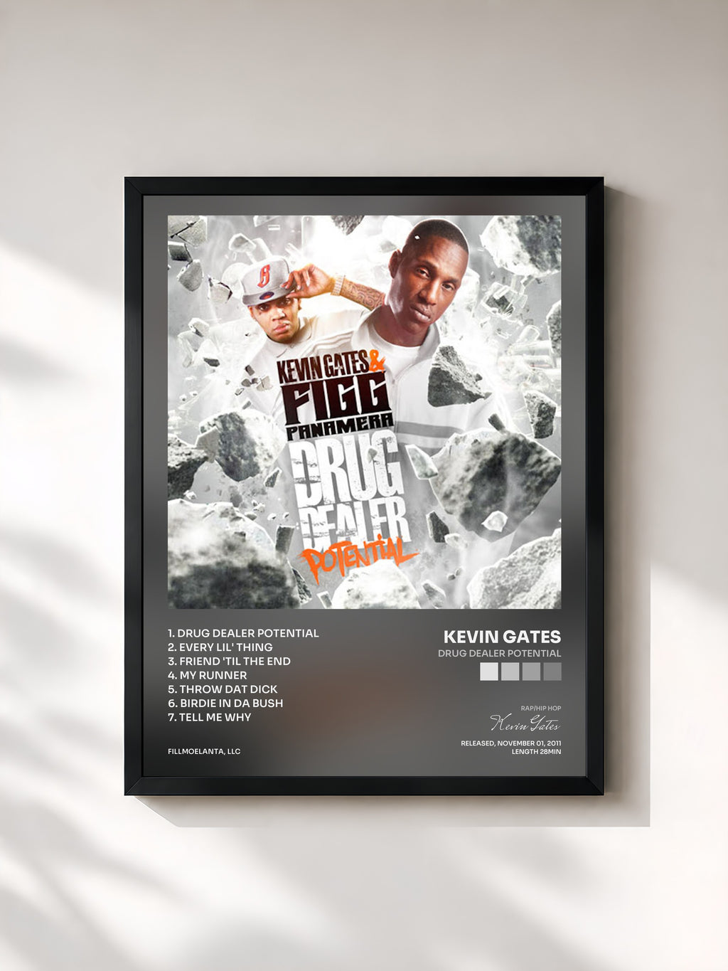 #noir Tableau de l'album Drug Dealer Potential de Kevin Gates, cadre noir, imprimé et encadré en France