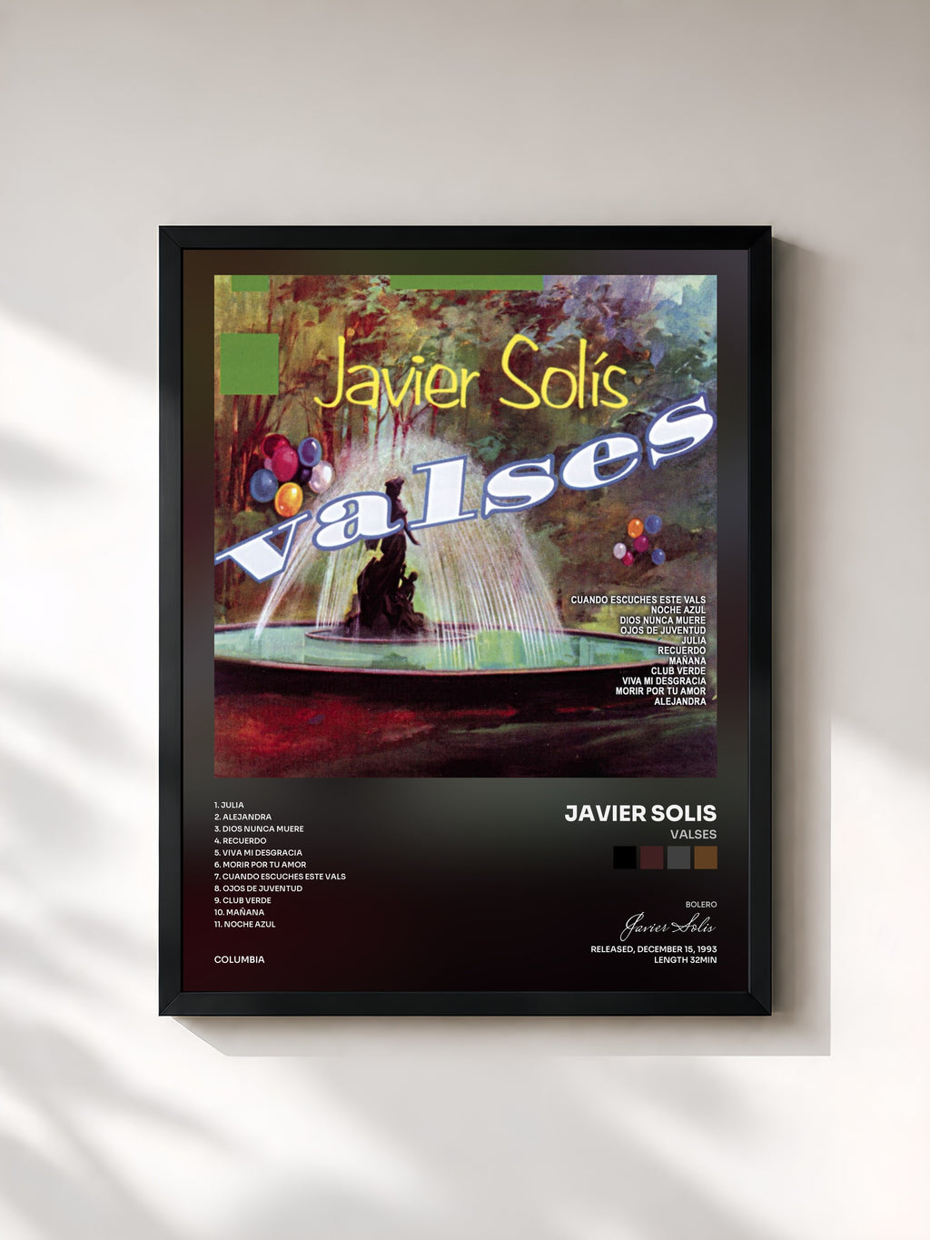 #noir Tableau de l'album Valses de Javier Solis, cadre noir, imprimé et encadré en France