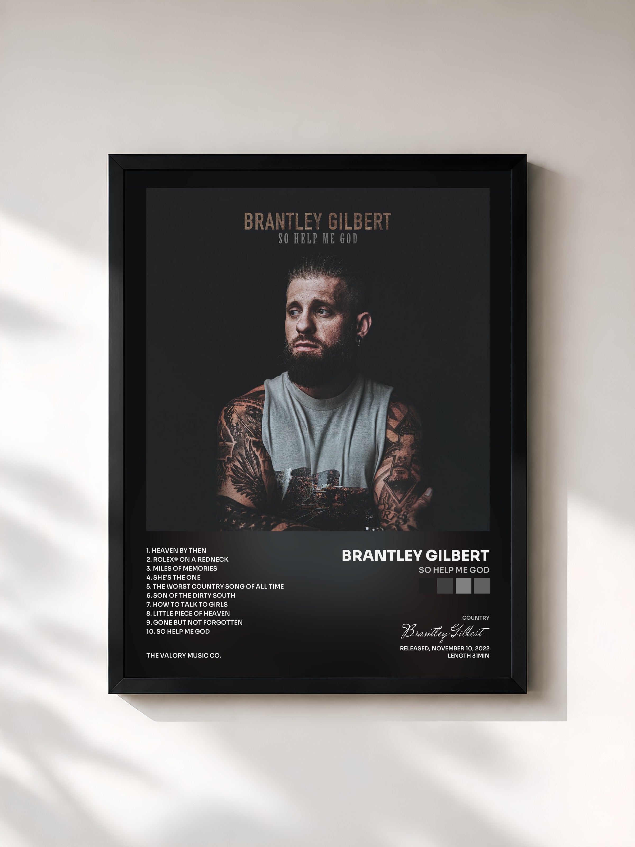 #noir Tableau de l'album So Help Me God de Brantley Gilbert, cadre noir, imprimé et encadré en France