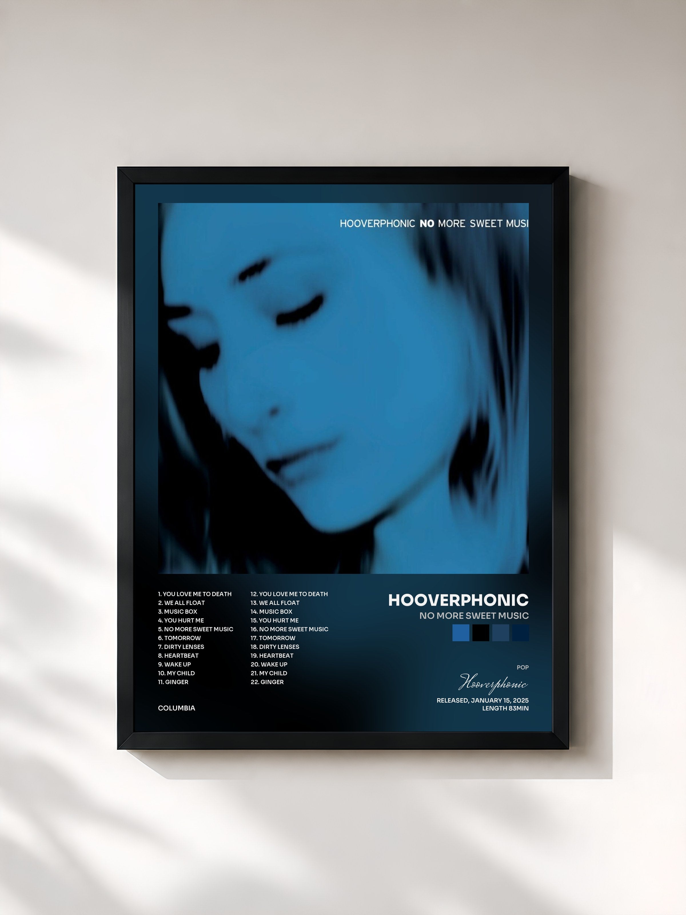 #noir Tableau de l'album No More Sweet Music de Hooverphonic, cadre noir, imprimé et encadré en France