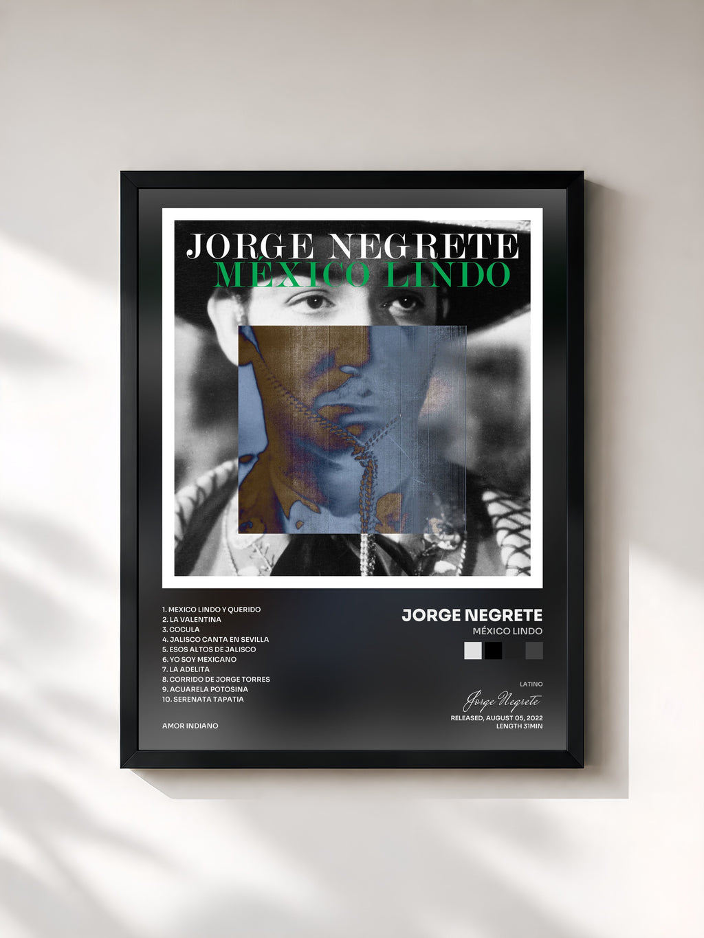 #noir Tableau de l'album México Lindo de Jorge Negrete, cadre noir, imprimé et encadré en France