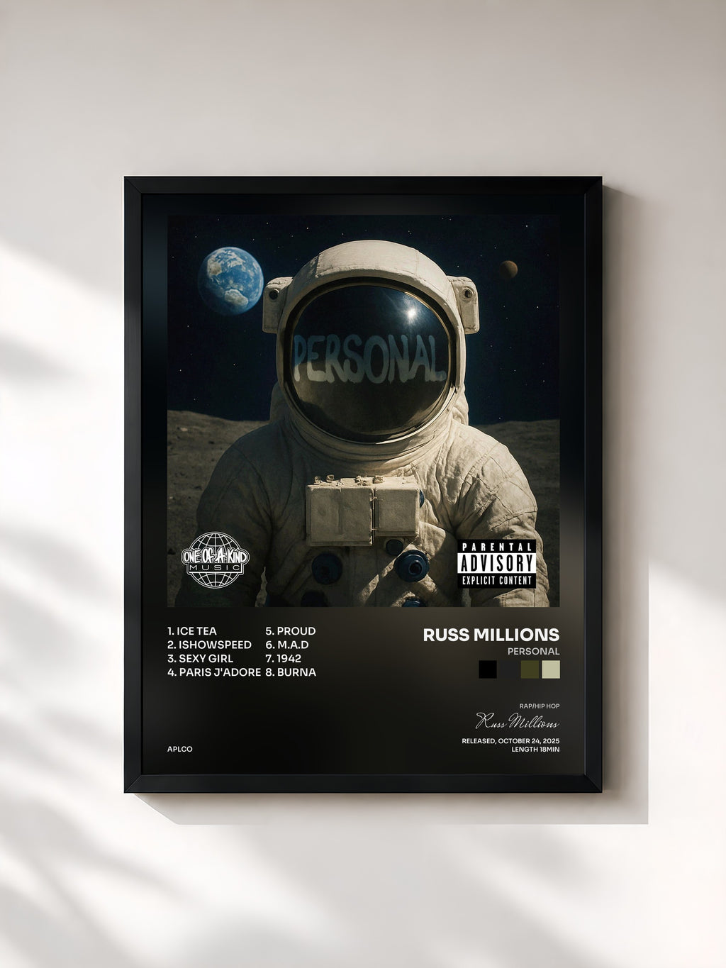 #noir Tableau de l'album Personal de Russ Millions, cadre noir, imprimé et encadré en France