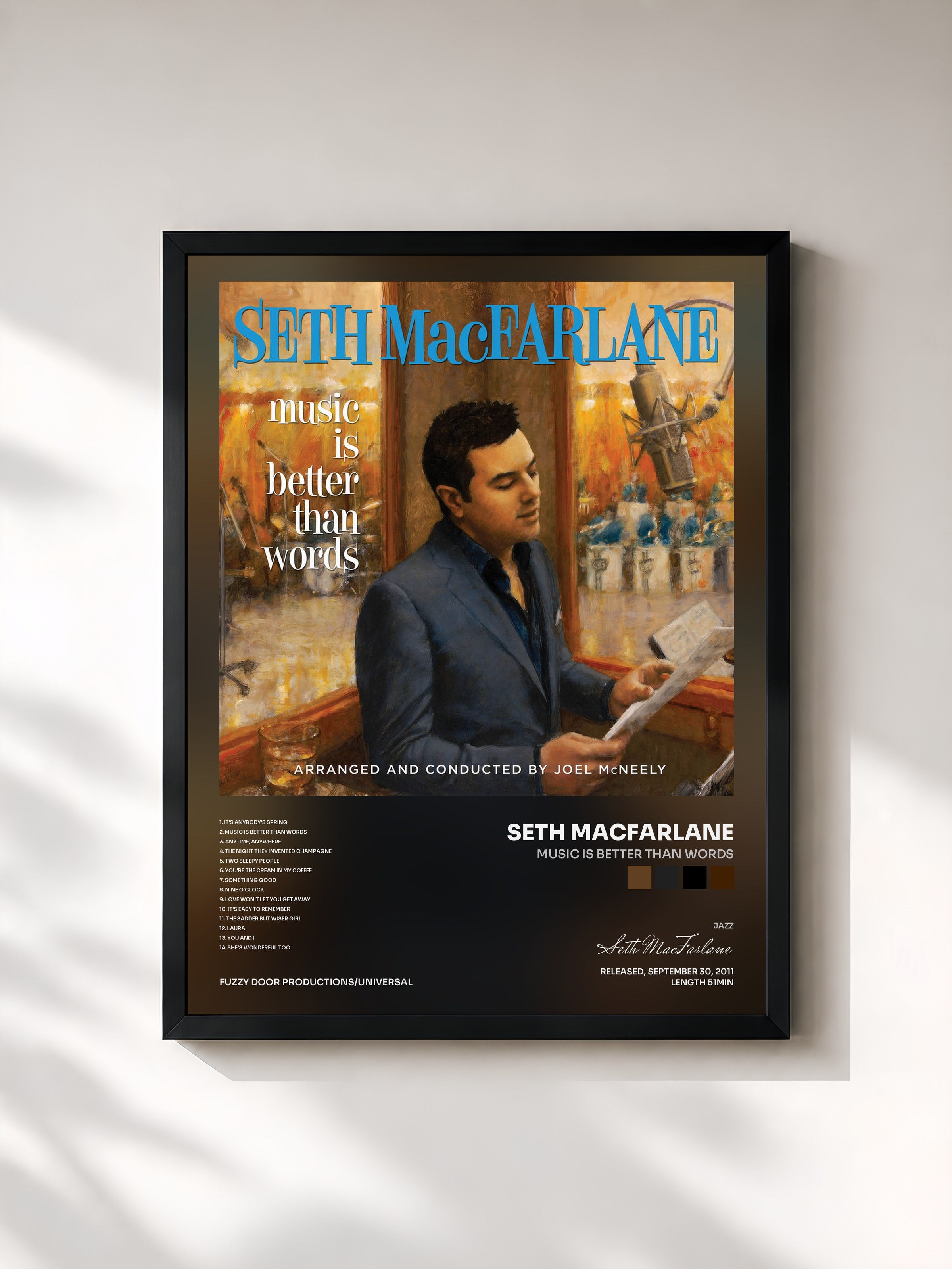 #noir Tableau de l'album Music Is Better Than Words de Seth MacFarlane, cadre noir, imprimé et encadré en France