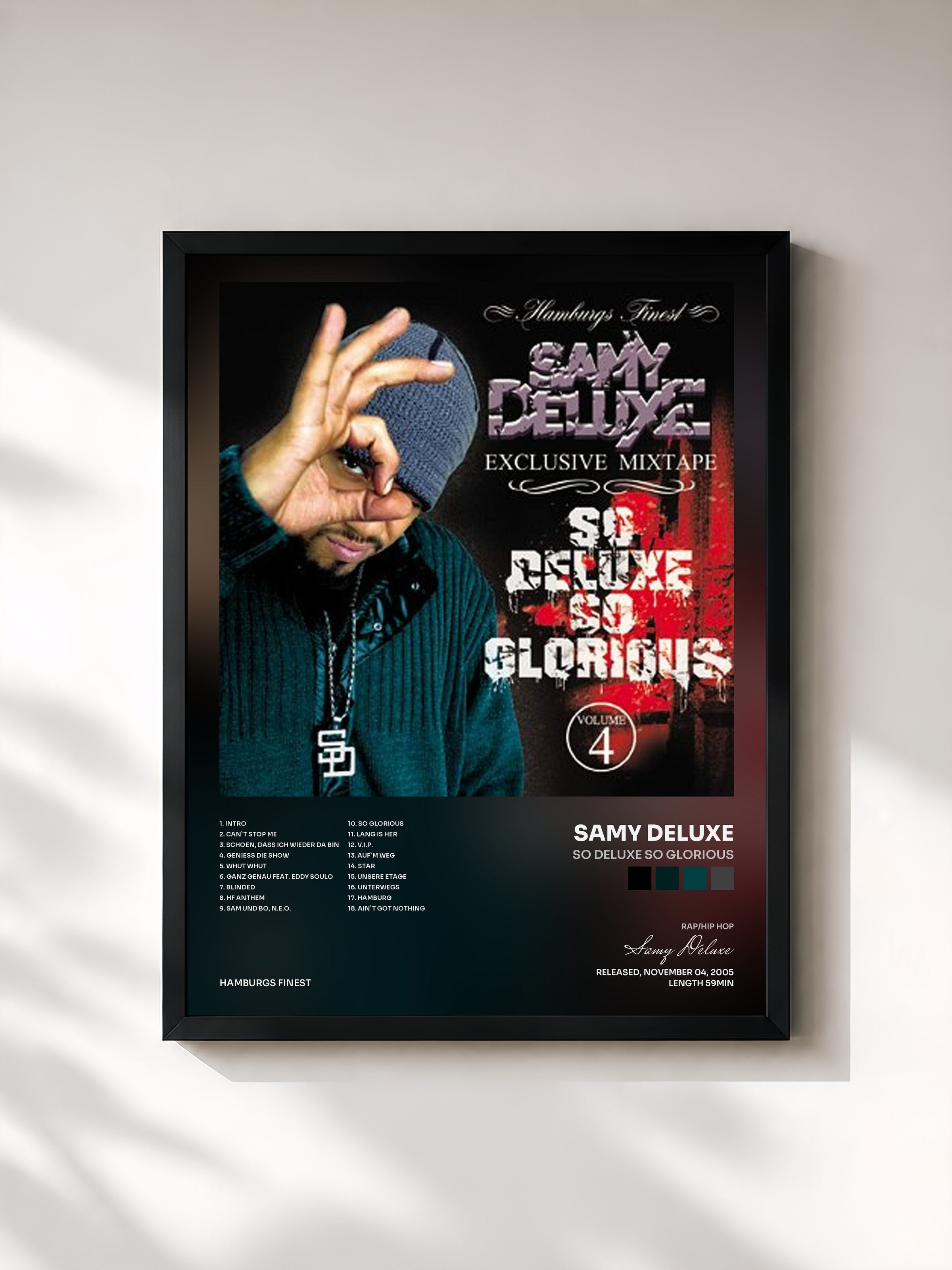 #noir Tableau de l'album So Deluxe so Glorious de Samy Deluxe, cadre noir, imprimé et encadré en France