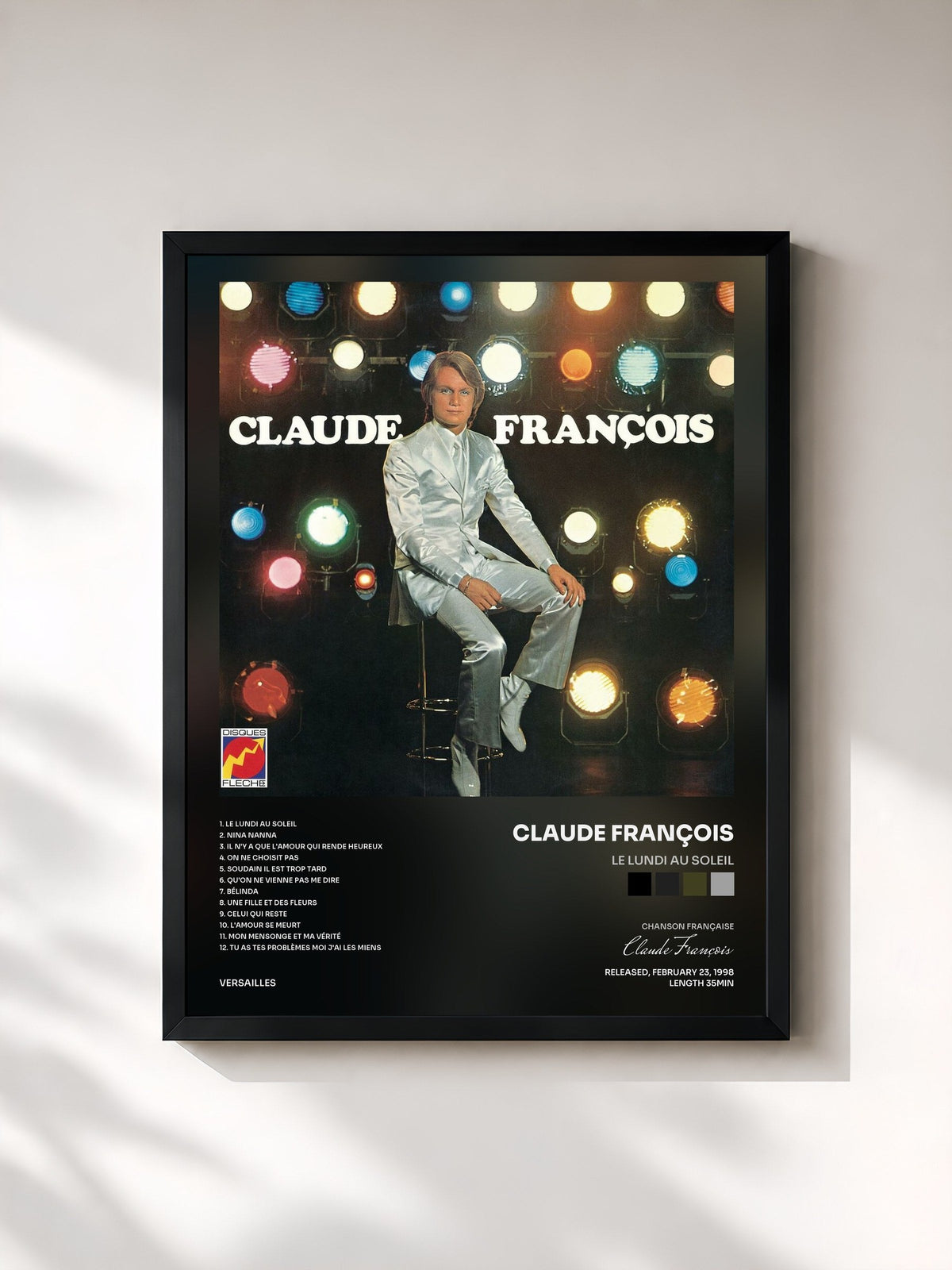 #noir Tableau de l'album Le lundi au soleil de Claude François, cadre noir, imprimé et encadré en France