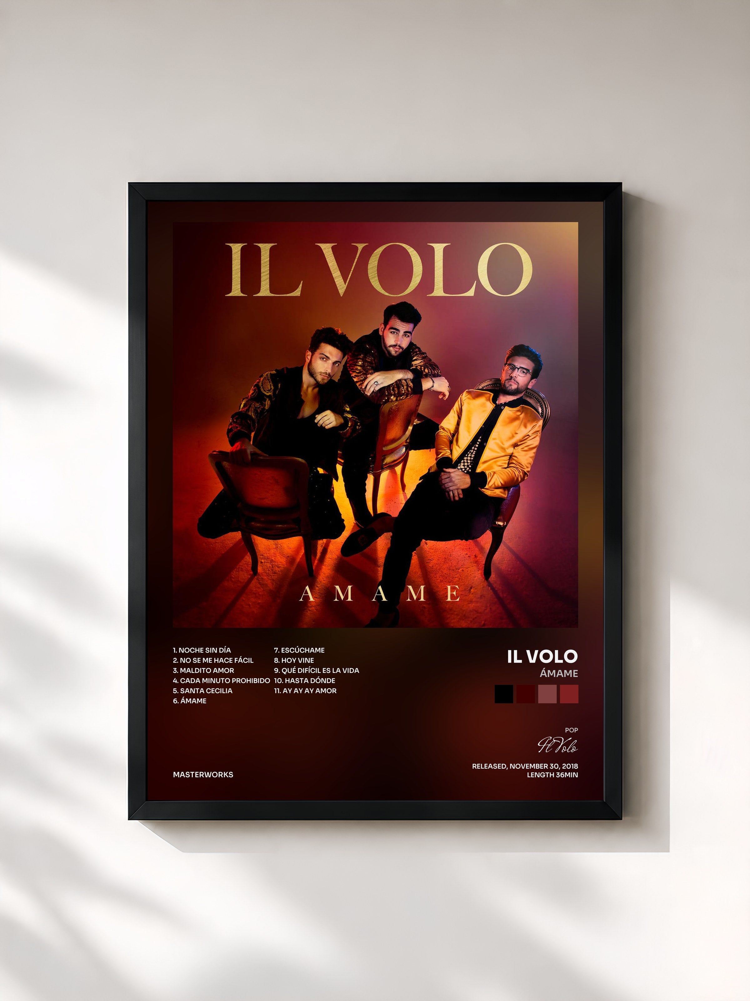#noir Tableau de l'album Ámame de Il Volo, cadre noir, imprimé et encadré en France