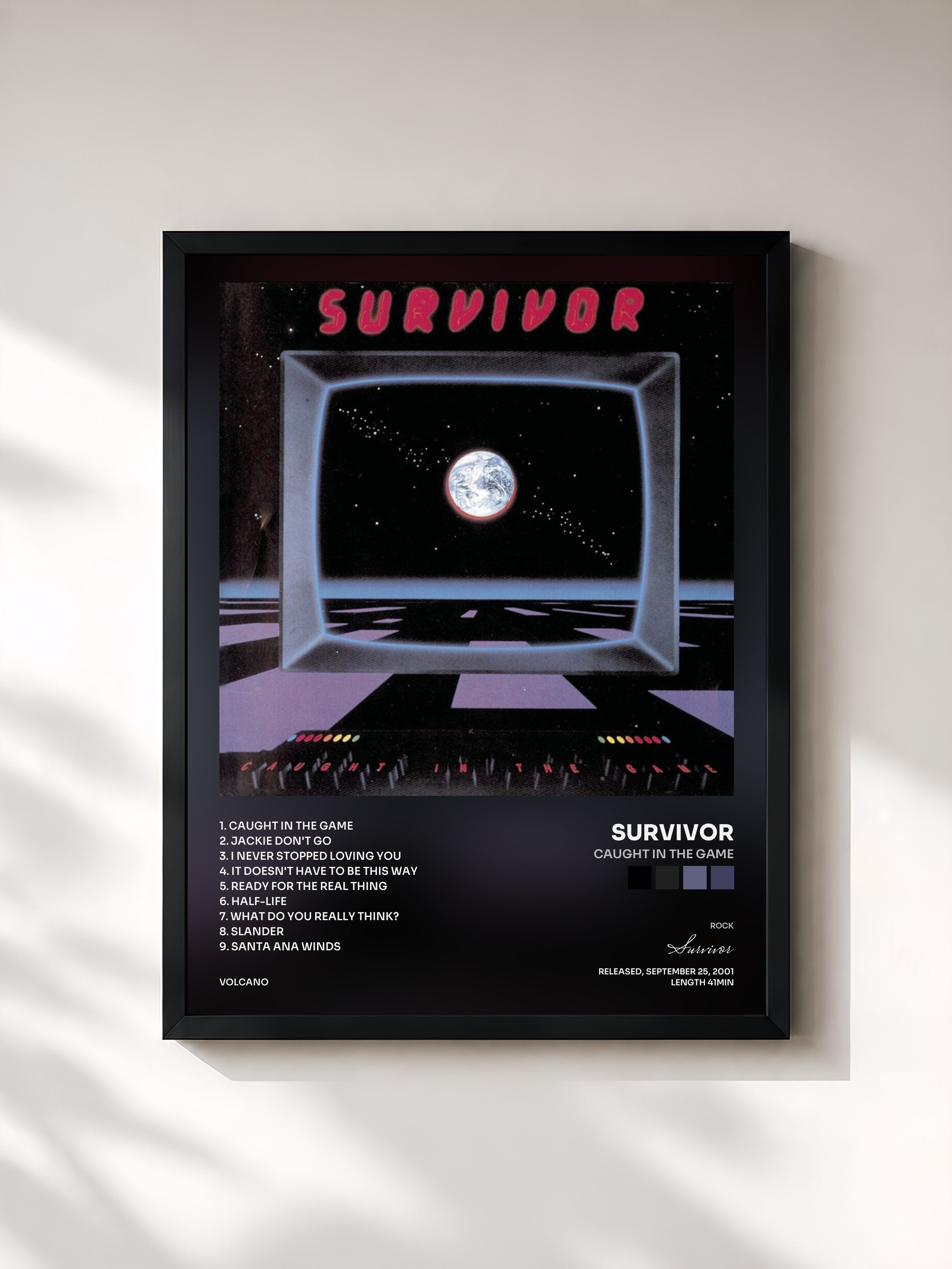 #noir Tableau de l'album Caught in the Game de Survivor, cadre noir, imprimé et encadré en France
