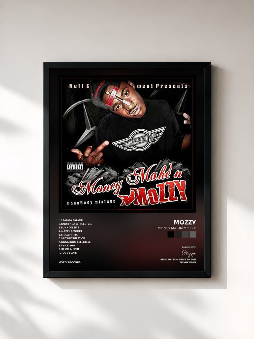 #noir Tableau de l'album Money Makin Mozzy de Mozzy, cadre noir, imprimé et encadré en France
