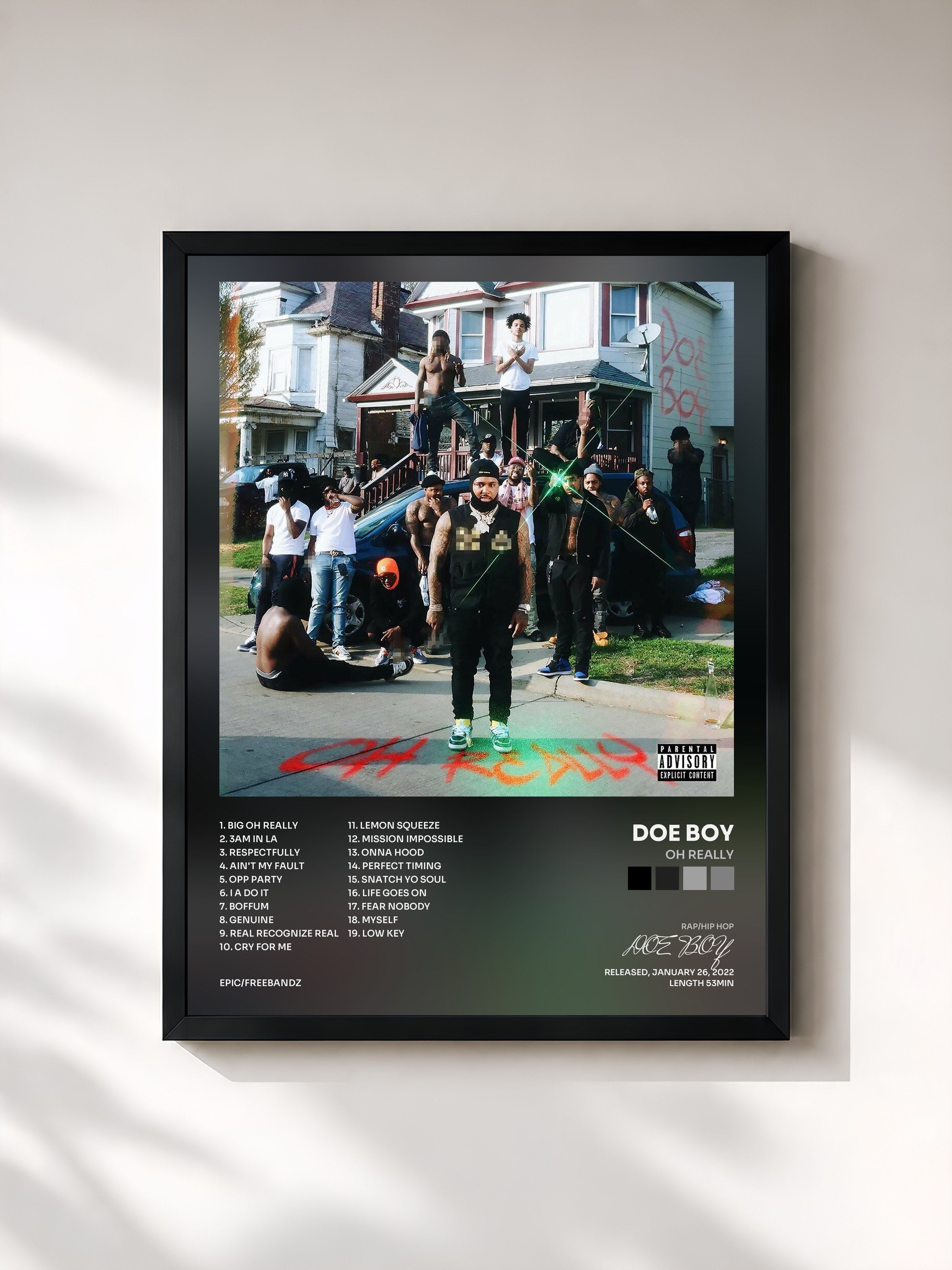#noir Tableau de l'album OH REALLY de DOE BOY, cadre noir, imprimé et encadré en France