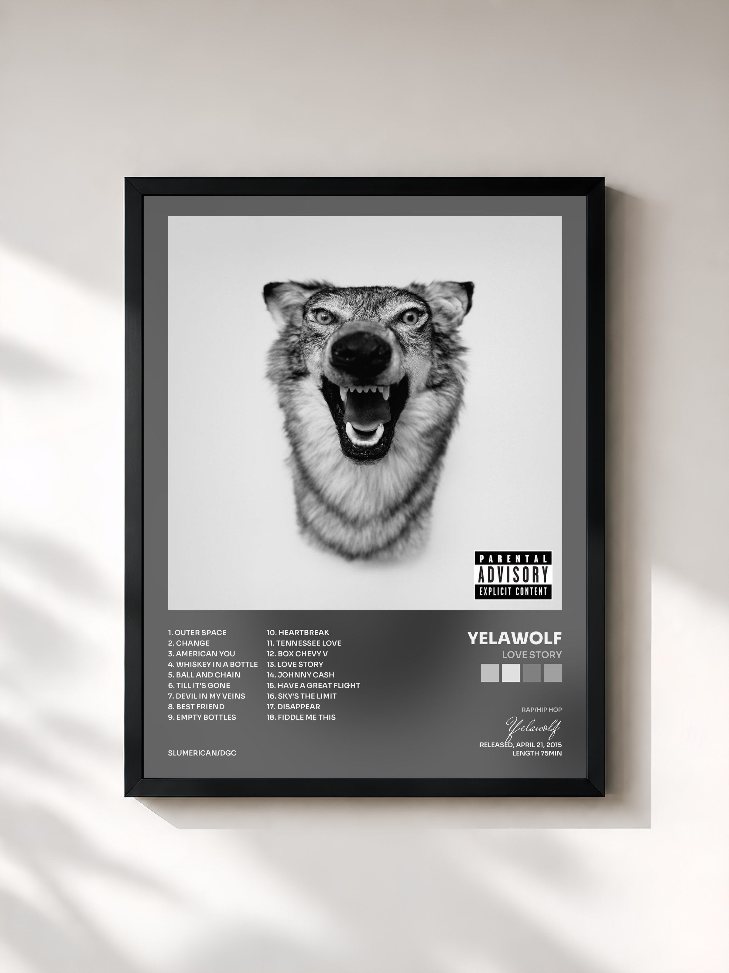 #noir Tableau de l'album Love Story de Yelawolf, cadre noir, imprimé et encadré en France