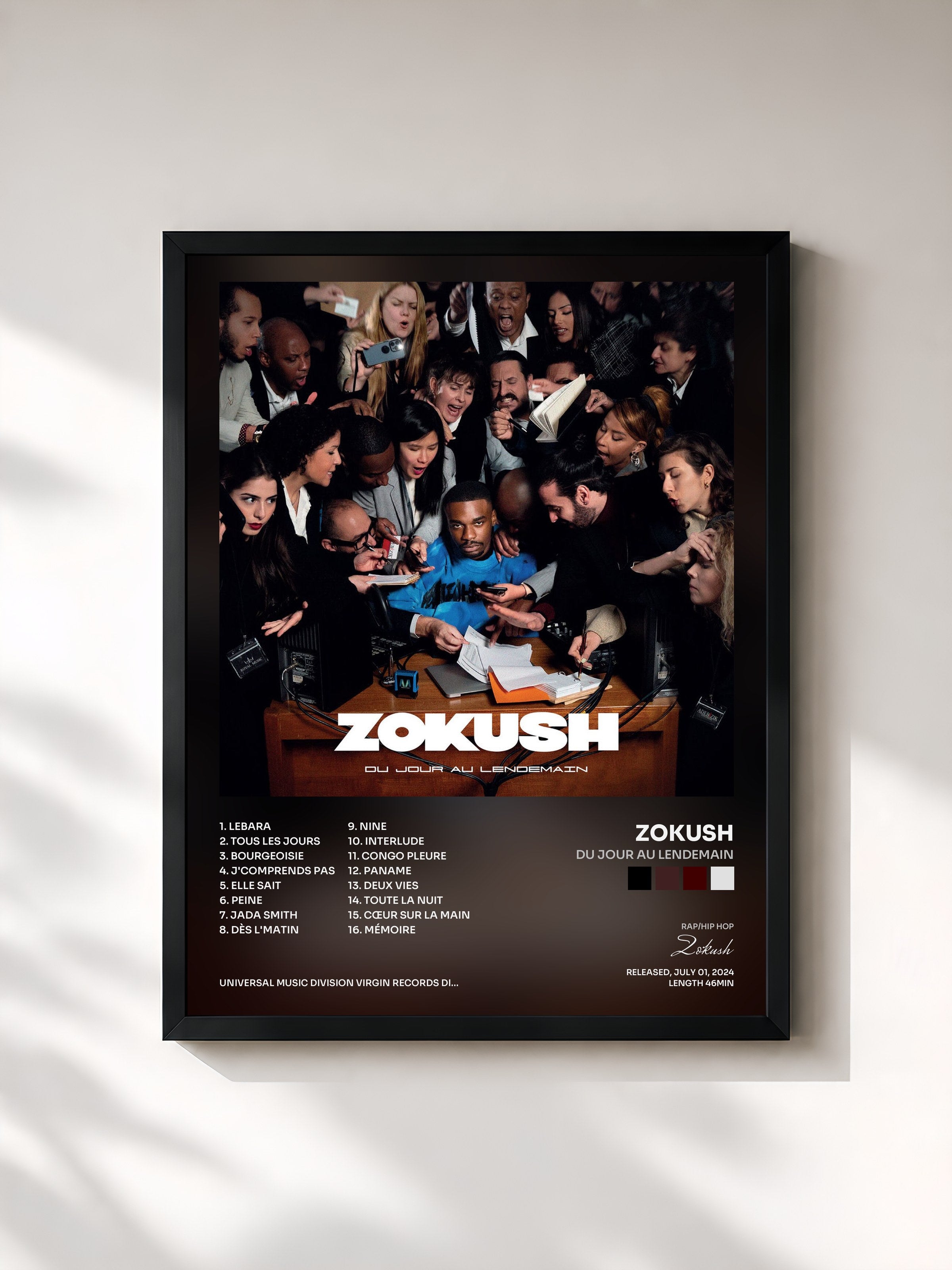 #noir Tableau de l'album Du jour au lendemain de Zokush, cadre noir, imprimé et encadré en France