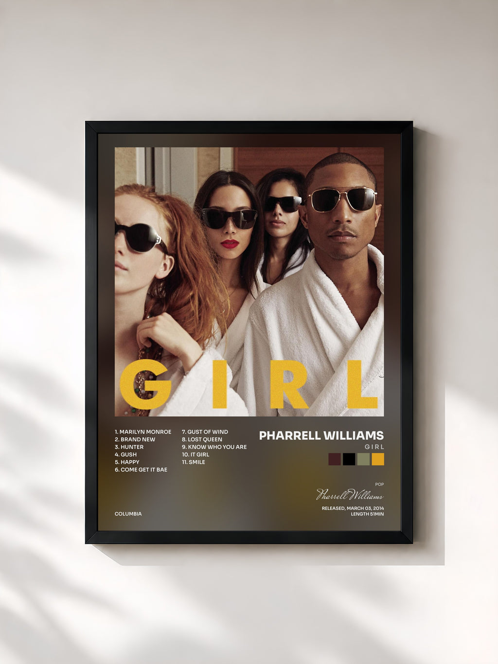 #noir Tableau de l'album G I R L de Pharrell Williams, cadre noir, imprimé et encadré en France