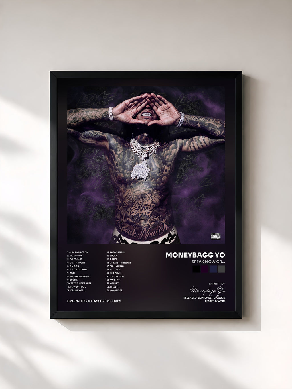 #noir Tableau de l'album SPEAK NOW OR... de Moneybagg Yo, cadre noir, imprimé et encadré en France