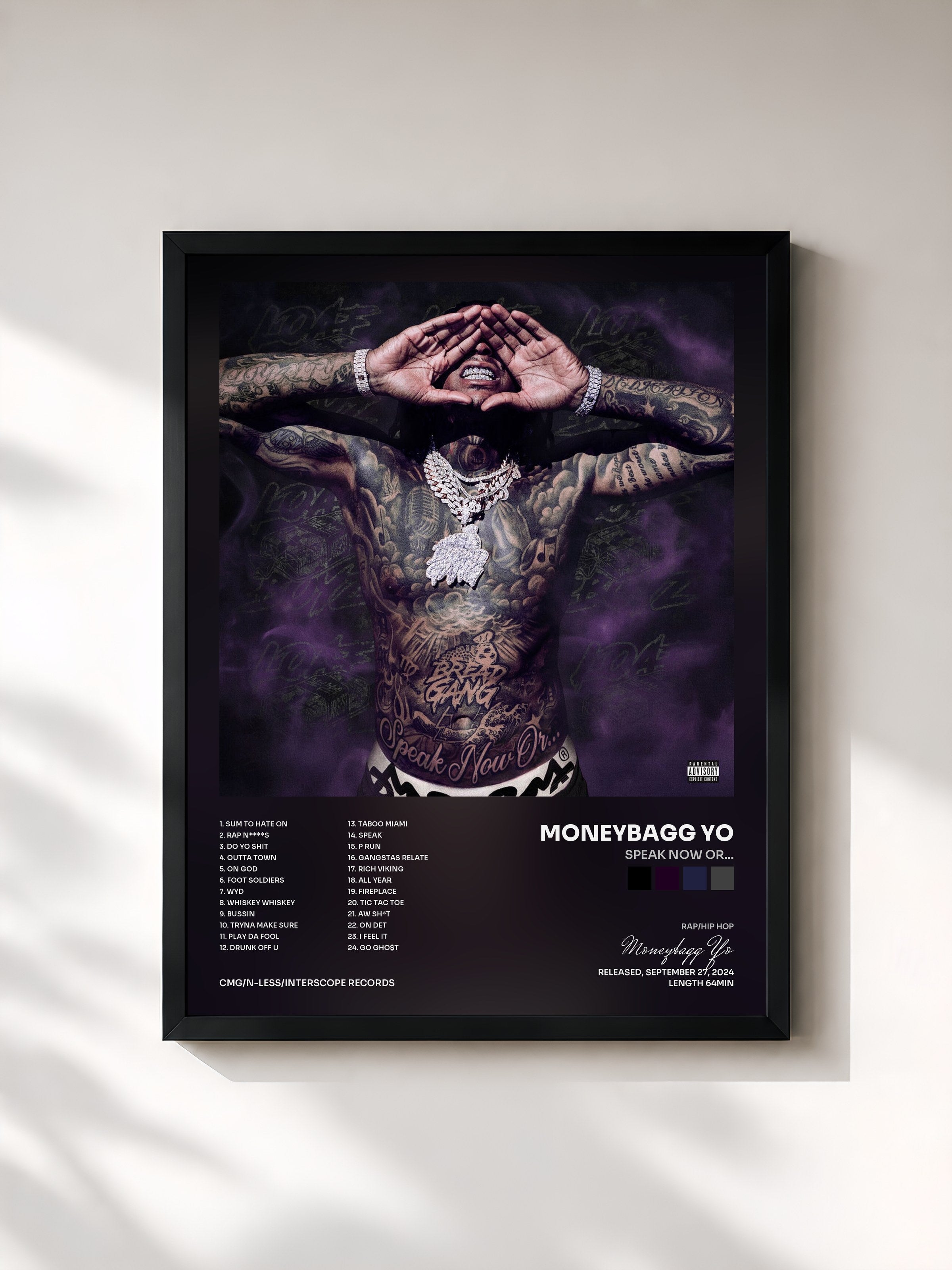 #noir Tableau de l'album SPEAK NOW OR... de Moneybagg Yo, cadre noir, imprimé et encadré en France