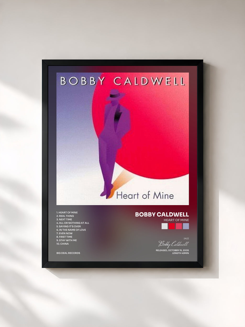 #noir Tableau de l'album Heart of Mine de Bobby Caldwell, cadre noir, imprimé et encadré en France