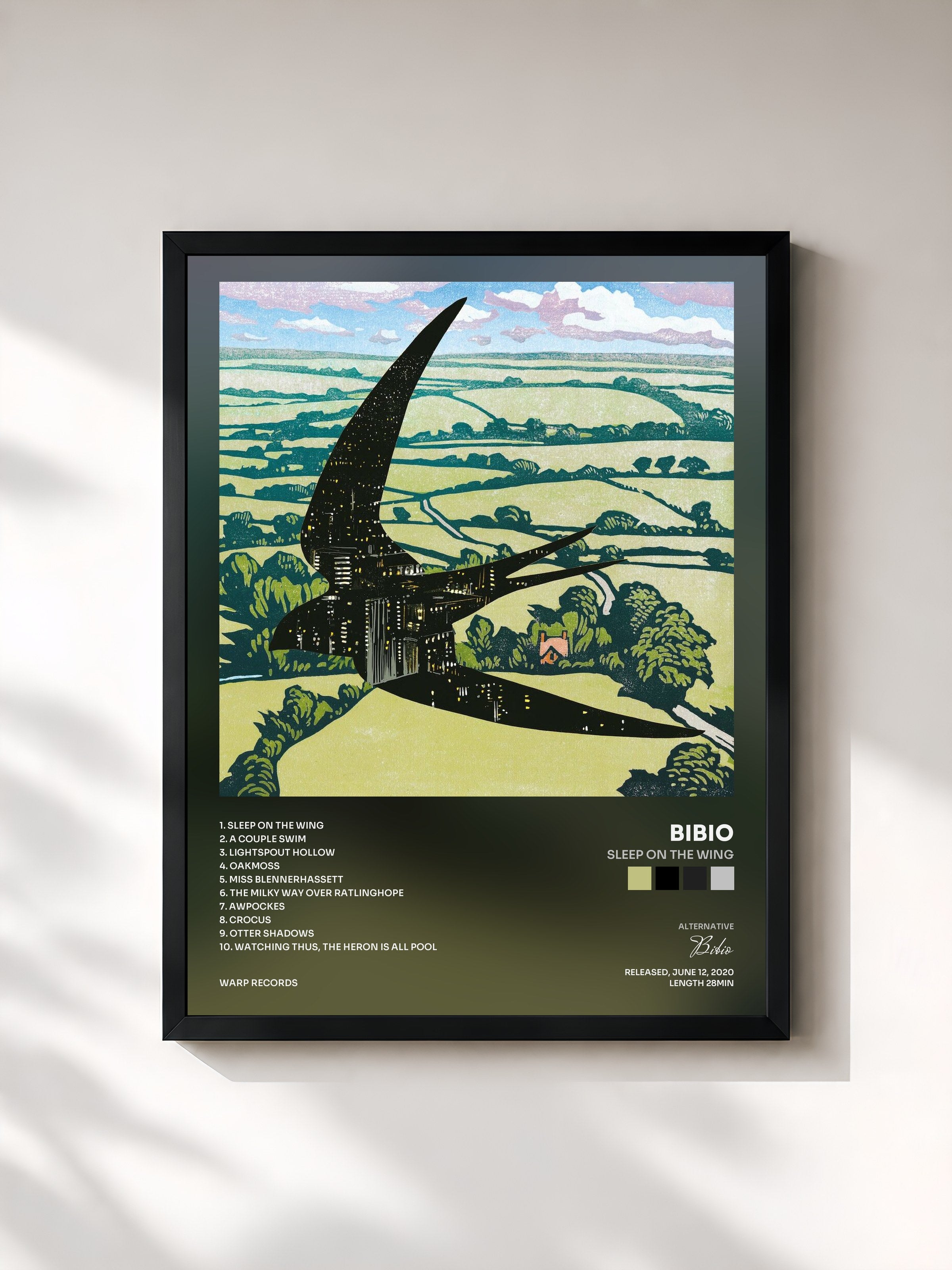 #noir Tableau de l'album Sleep On The Wing de Bibio, cadre noir, imprimé et encadré en France
