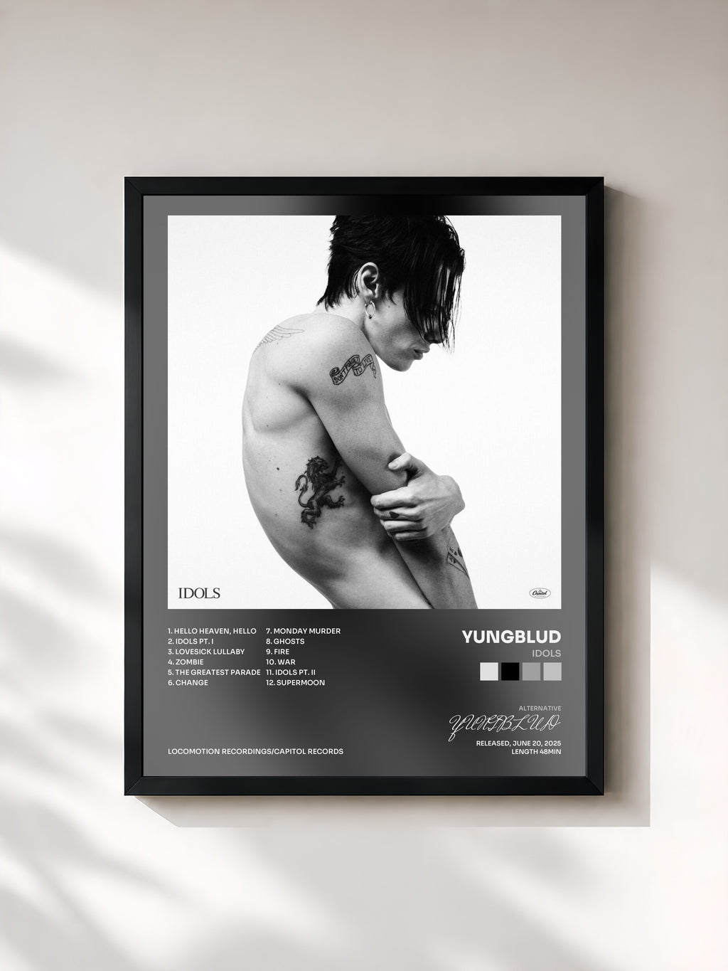 #noir Tableau de l'album Idols de YUNGBLUD, cadre noir, imprimé et encadré en France