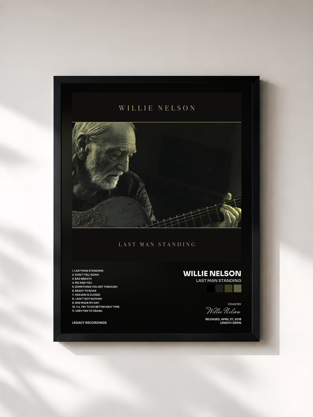 #noir Tableau de l'album Last Man Standing de Willie Nelson, cadre noir, imprimé et encadré en France