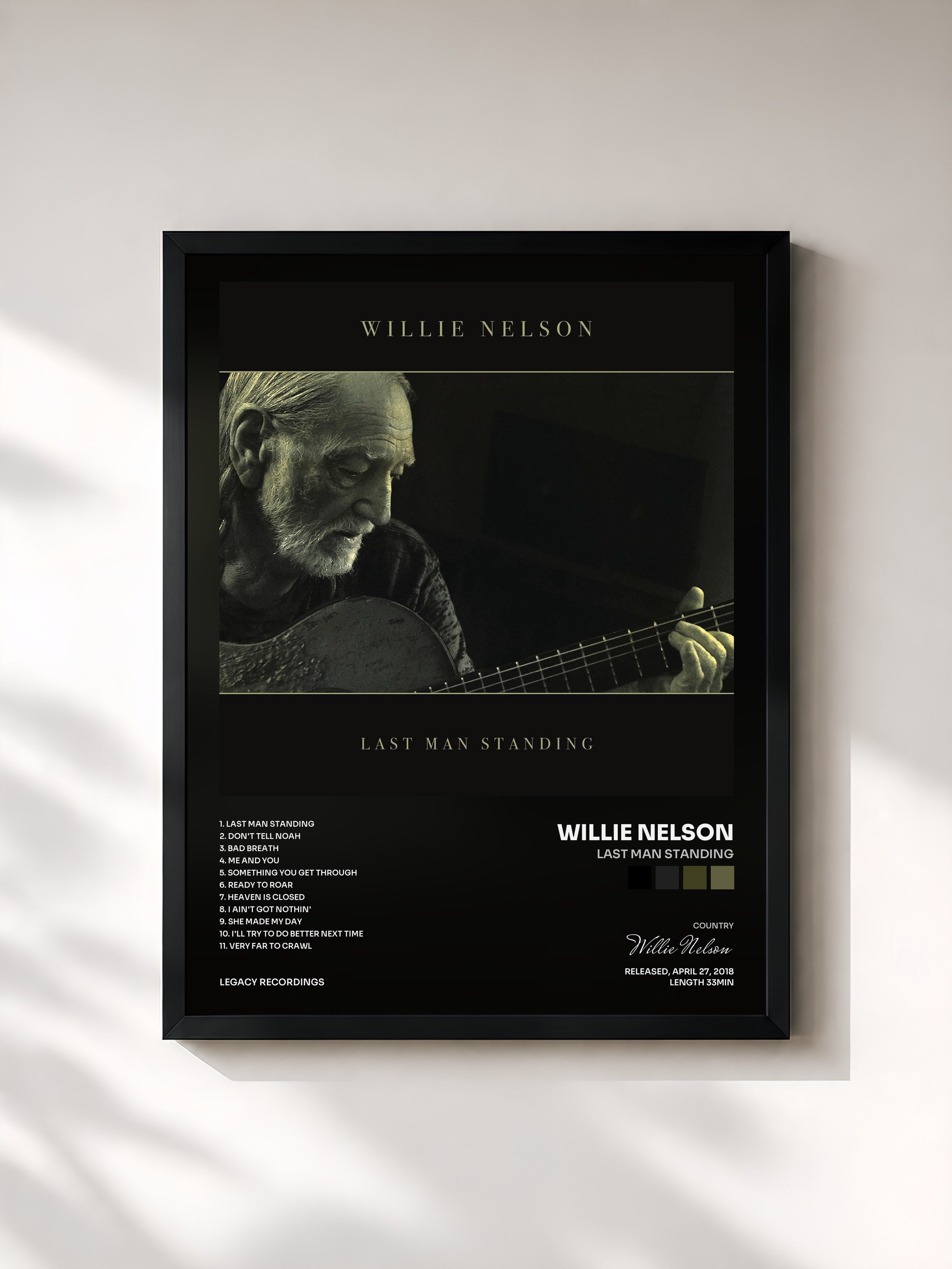 #noir Tableau de l'album Last Man Standing de Willie Nelson, cadre noir, imprimé et encadré en France