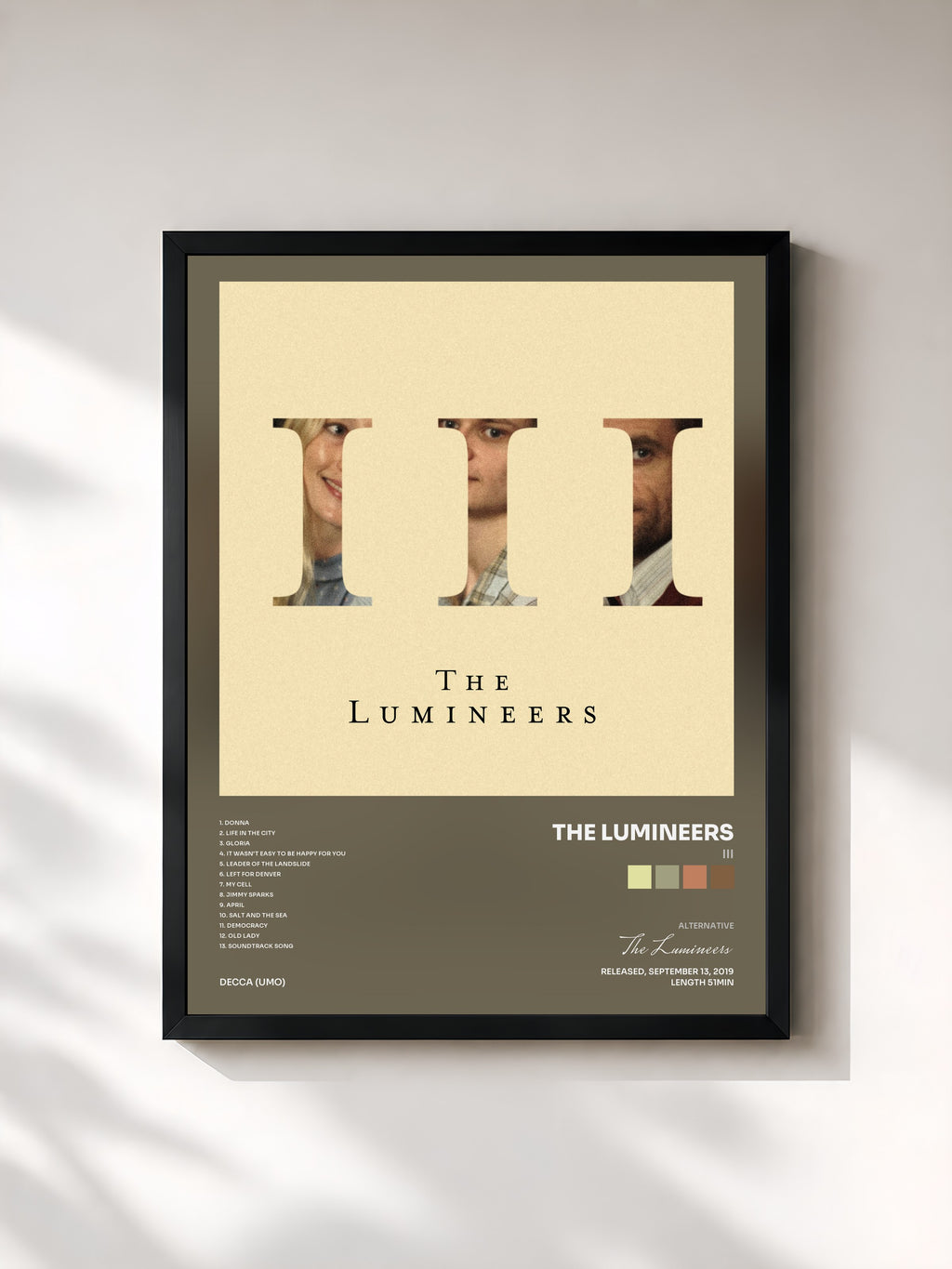 #noir Tableau de l'album III de The Lumineers, cadre noir, imprimé et encadré en France