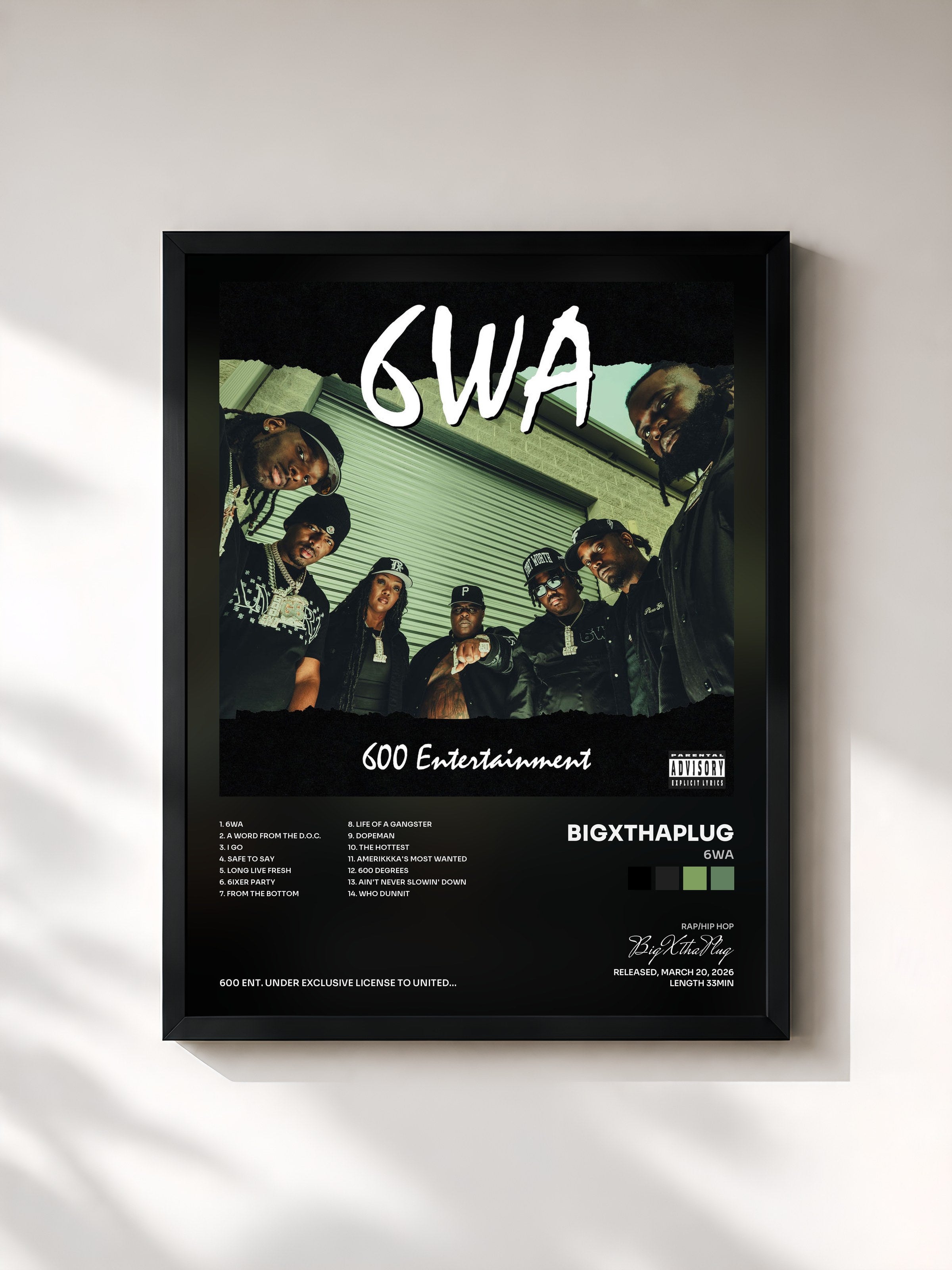 #noir Tableau de l'album 6WA de BigXthaPlug, cadre noir, imprimé et encadré en France