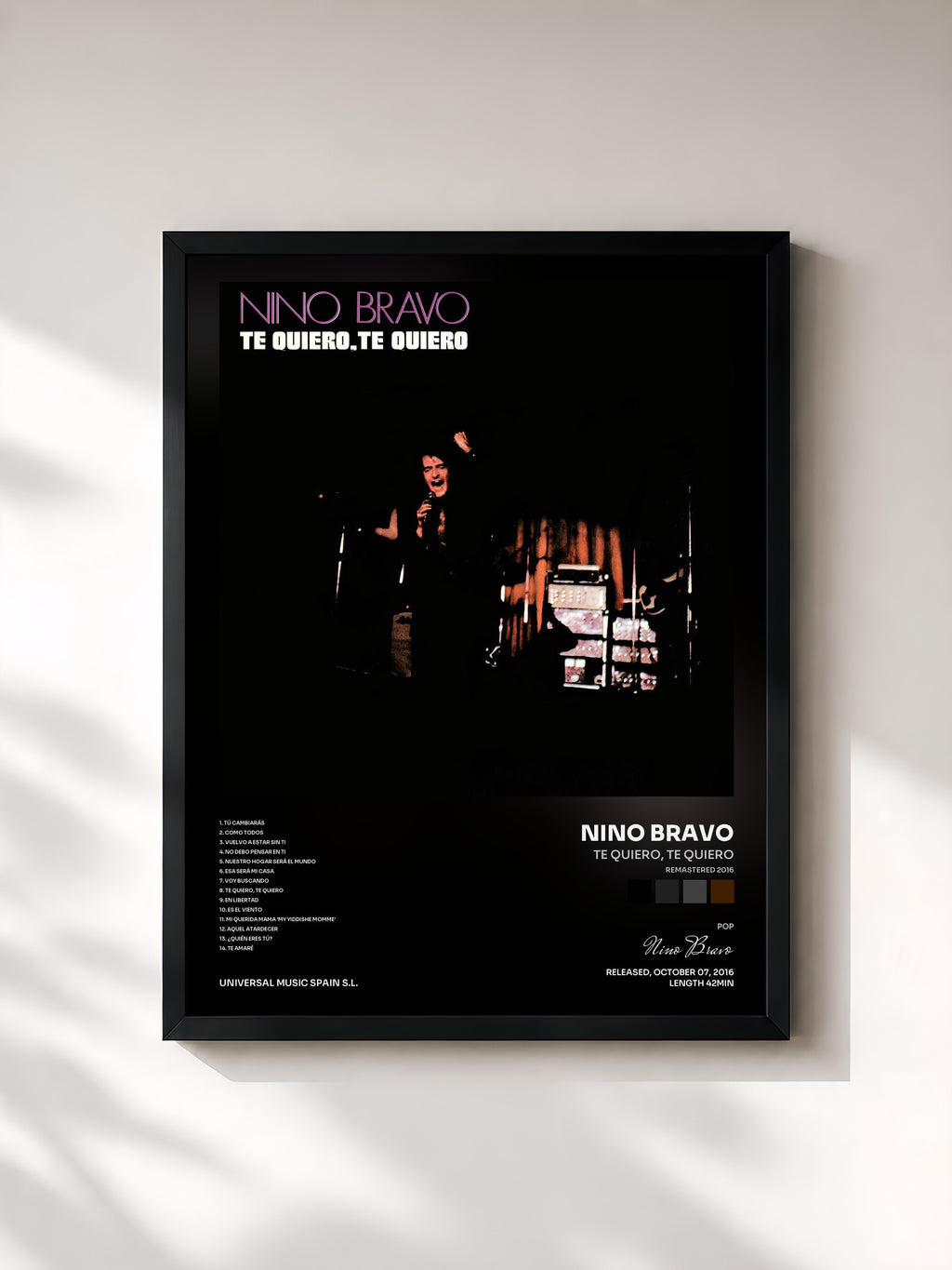 #noir Tableau de l'album Te Quiero, Te Quiero (Remastered 2016) de Nino Bravo, cadre noir, imprimé et encadré en France