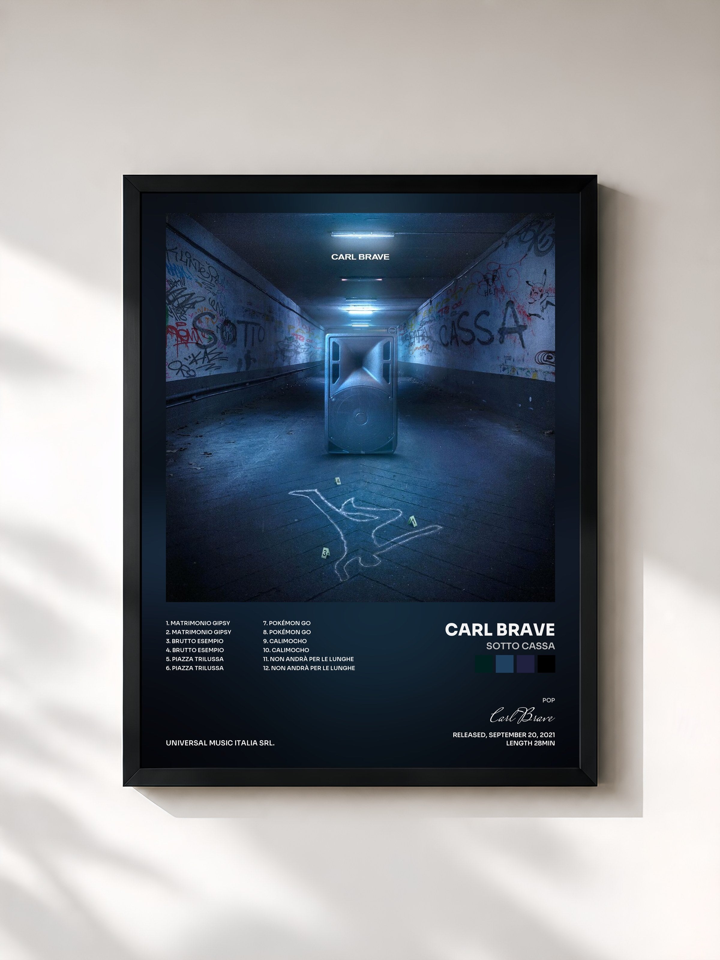 #noir Tableau de l'album Sotto Cassa de Carl Brave, cadre noir, imprimé et encadré en France