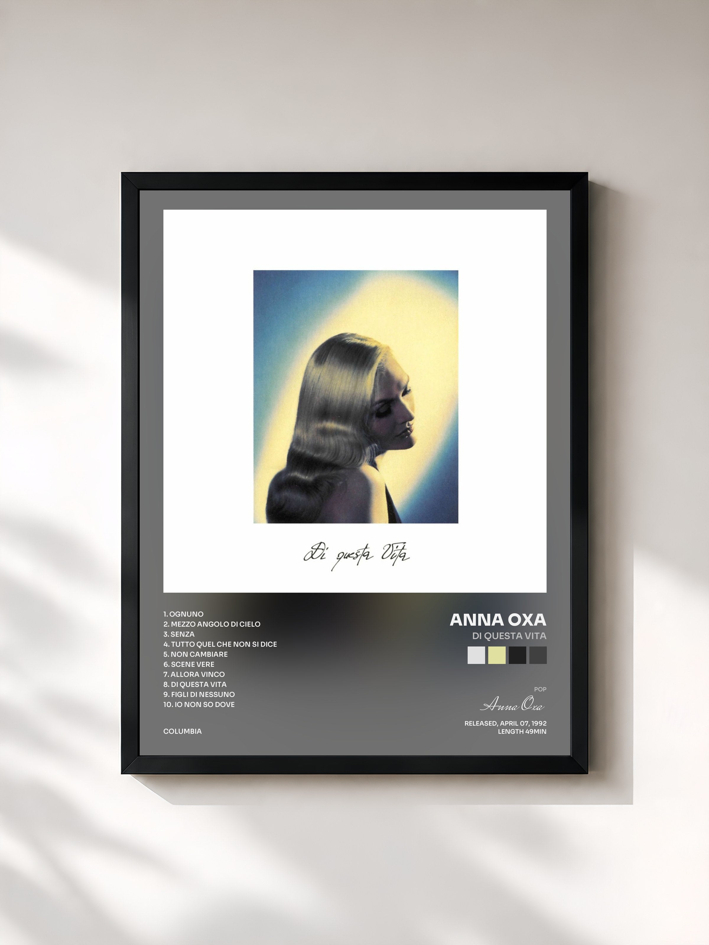 #noir Tableau de l'album Di Questa Vita de Anna Oxa, cadre noir, imprimé et encadré en France