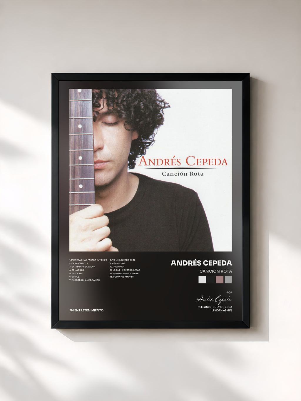 #noir Tableau de l'album Canción Rota de Andrés Cepeda, cadre noir, imprimé et encadré en France